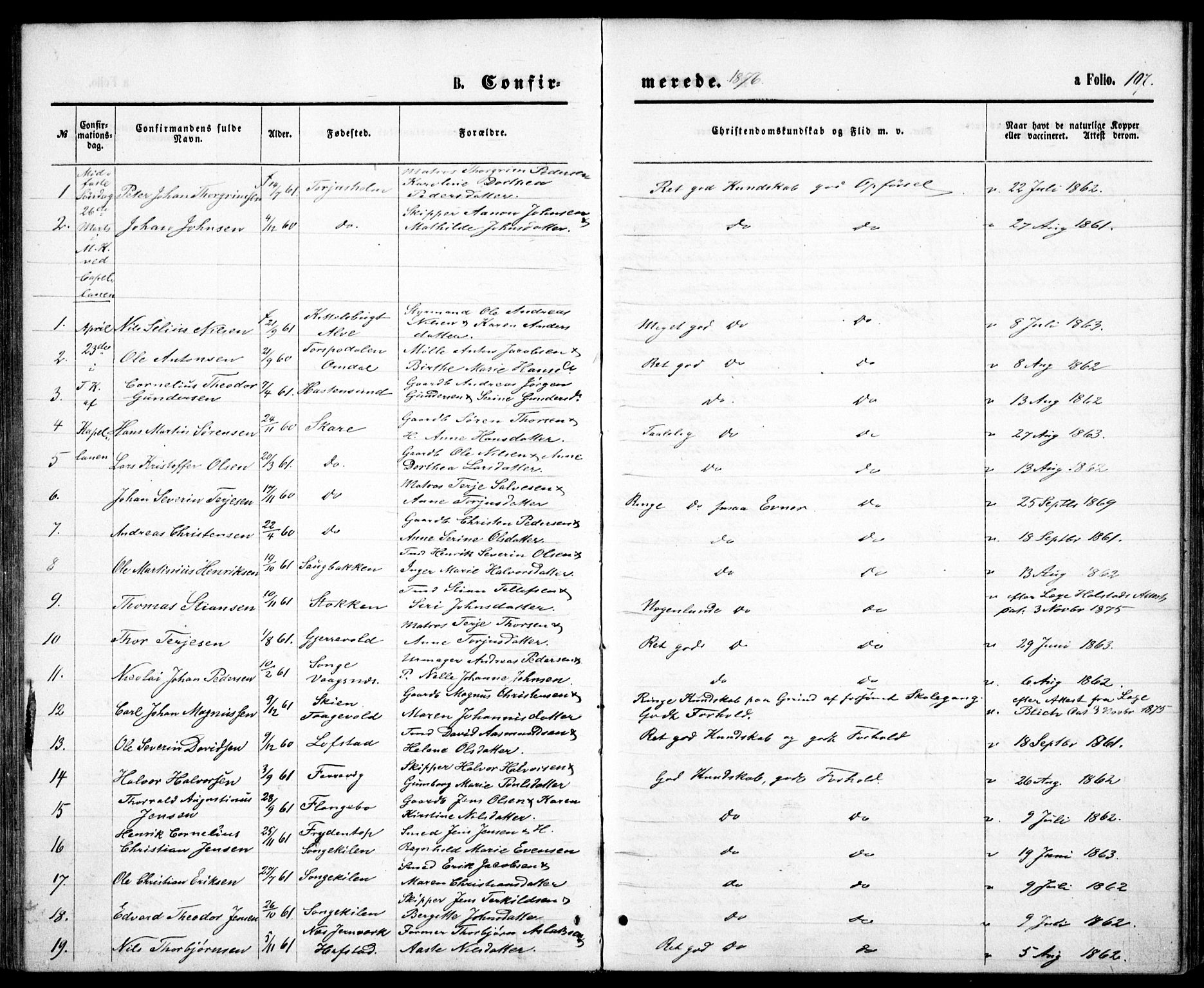 Tromøy sokneprestkontor, SAK/1111-0041/F/Fb/L0004: Parish register (copy) no. B 4, 1869-1877, p. 107