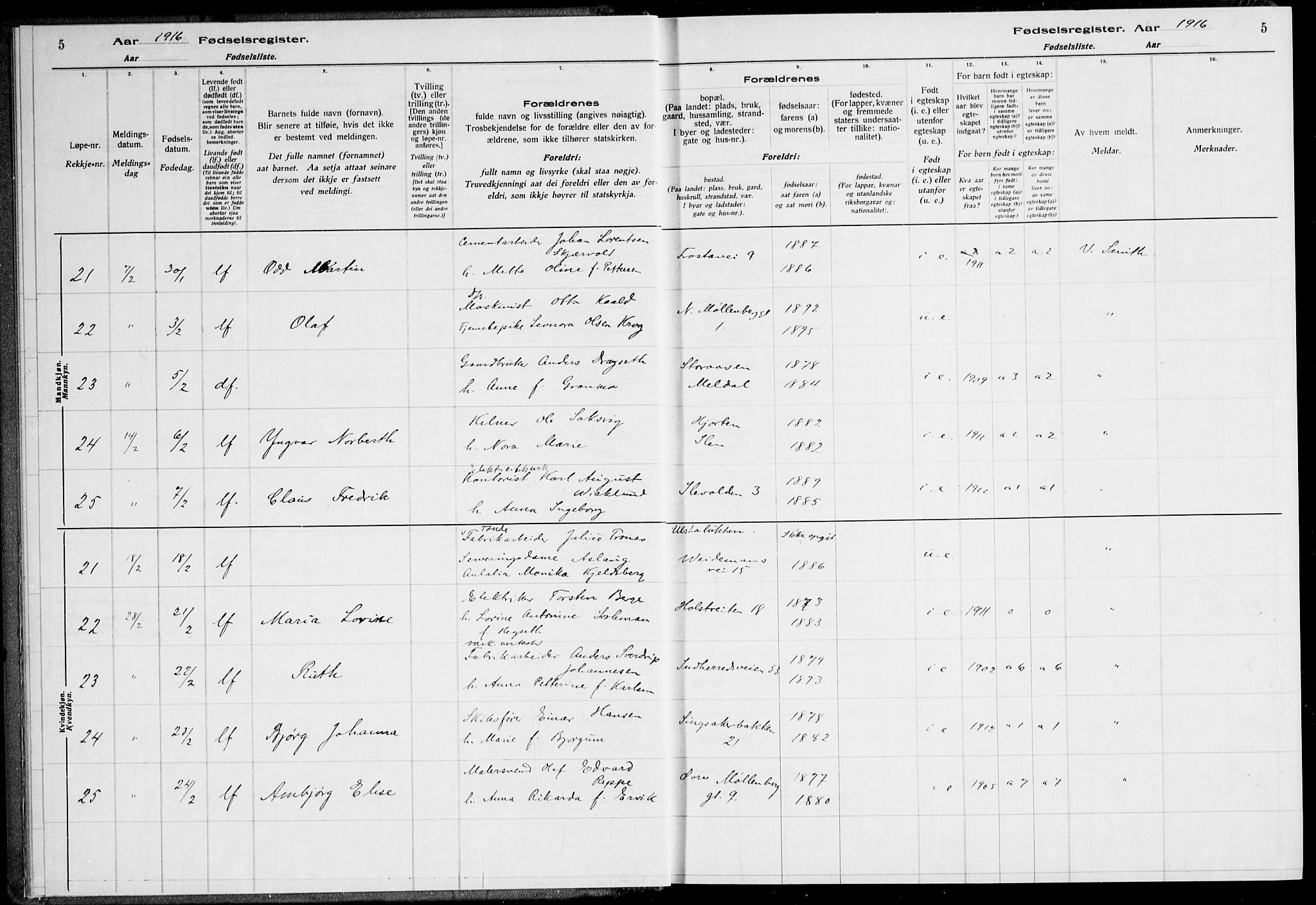 Ministerialprotokoller, klokkerbøker og fødselsregistre - Sør-Trøndelag, AV/SAT-A-1456/600/L0002: Birth register no. 600.II.4.1, 1916-1920, p. 5