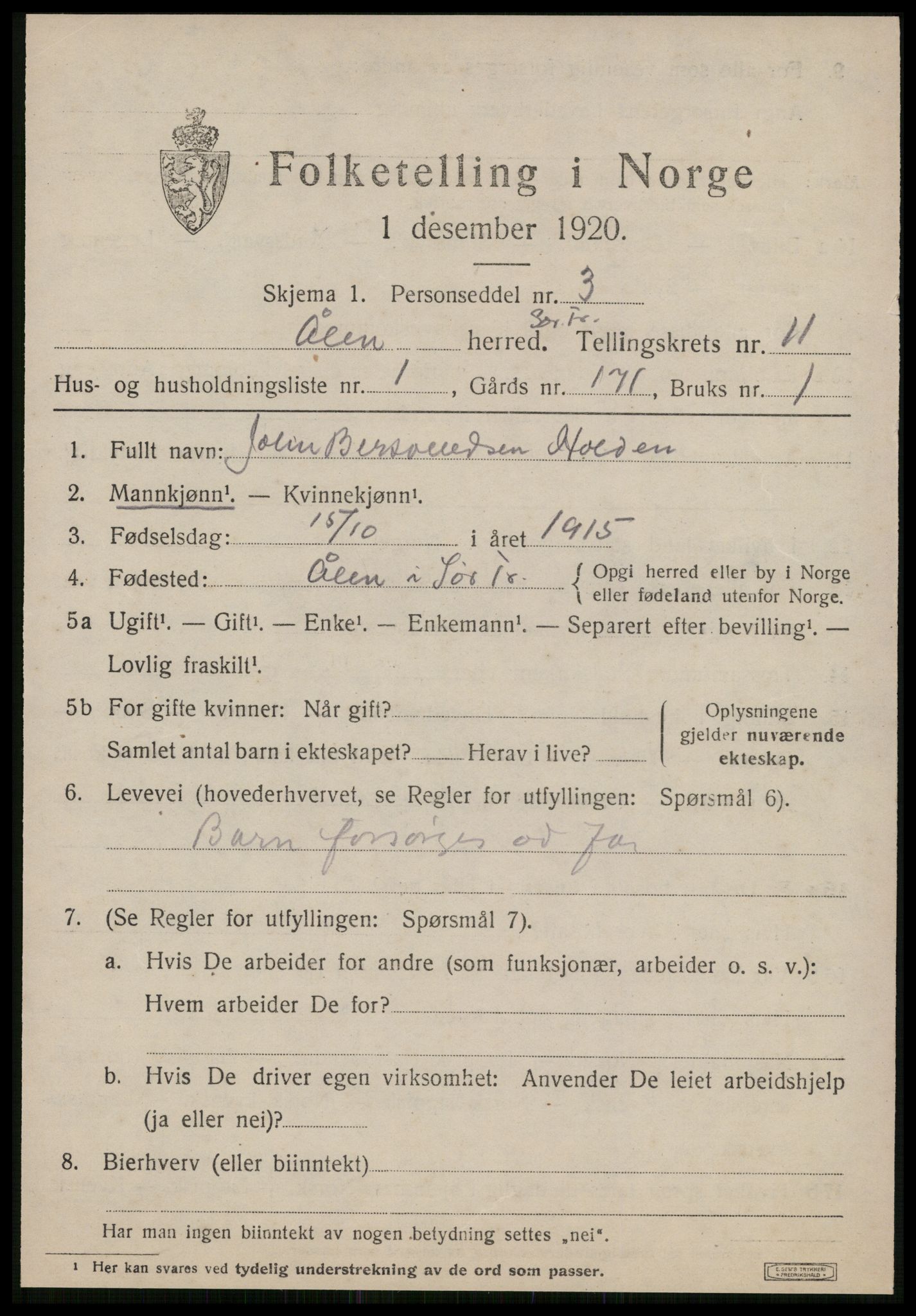 SAT, 1920 census for Ålen, 1920, p. 5166