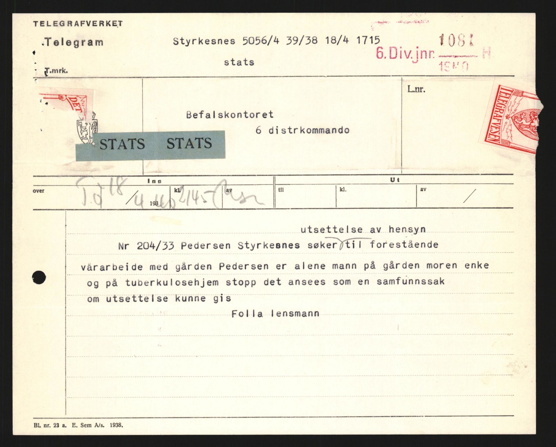 Forsvaret, Forsvarets krigshistoriske avdeling, AV/RA-RAFA-2017/Y/Yb/L0123: II-C-11-600  -  6. Divisjon med avdelinger, 1940, p. 445