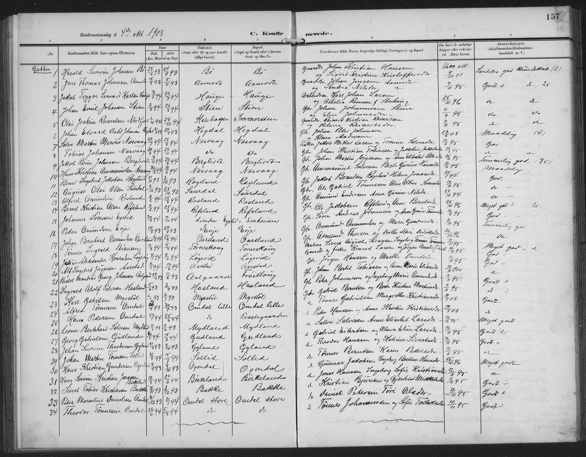 Sokndal sokneprestkontor, AV/SAST-A-101808: Parish register (copy) no. B 8, 1908-1934, p. 157