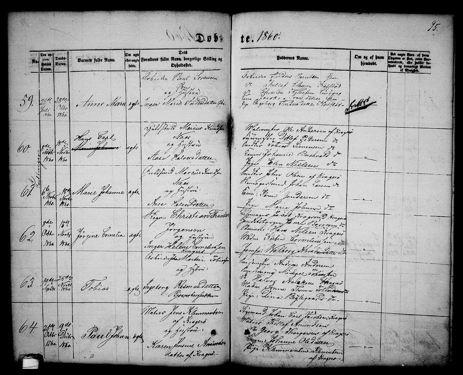 Kragerø kirkebøker, SAKO/A-278/G/Ga/L0004: Parish register (copy) no. 4, 1853-1865, p. 95