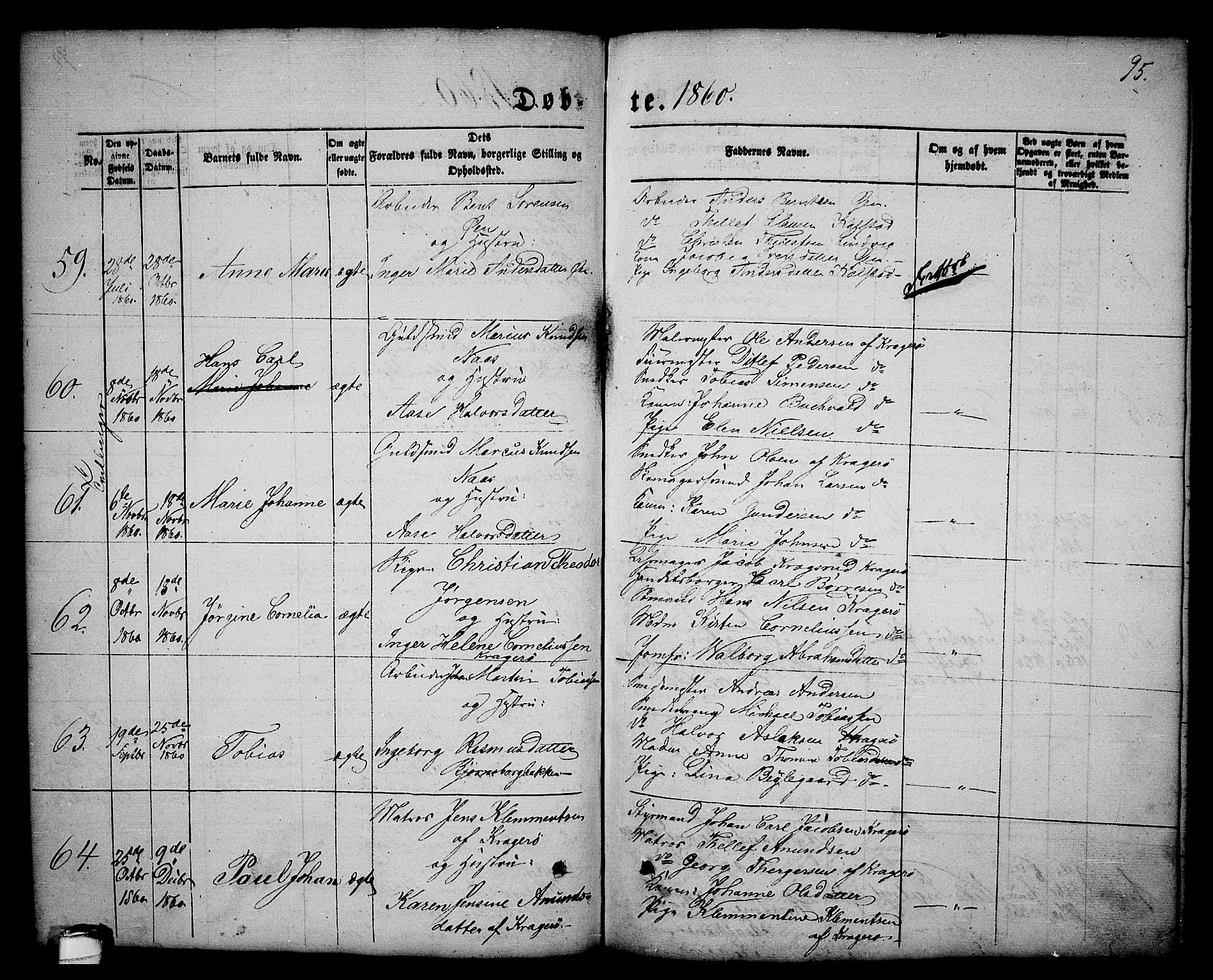 Kragerø kirkebøker, AV/SAKO-A-278/G/Ga/L0004: Parish register (copy) no. 4, 1853-1865, p. 95