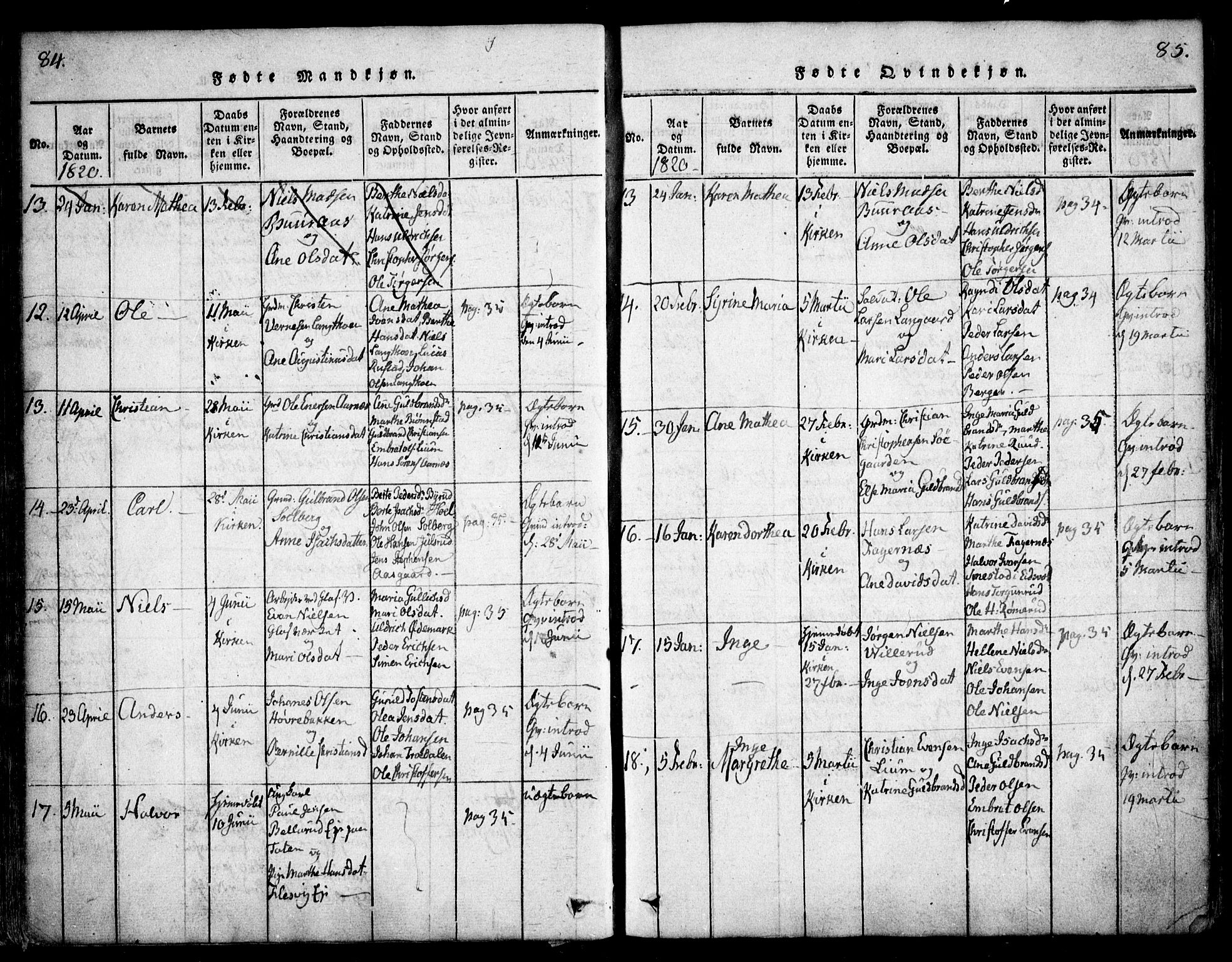 Hurdal prestekontor Kirkebøker, AV/SAO-A-10889/F/Fa/L0003: Parish register (official) no. I 3, 1815-1828, p. 84-85