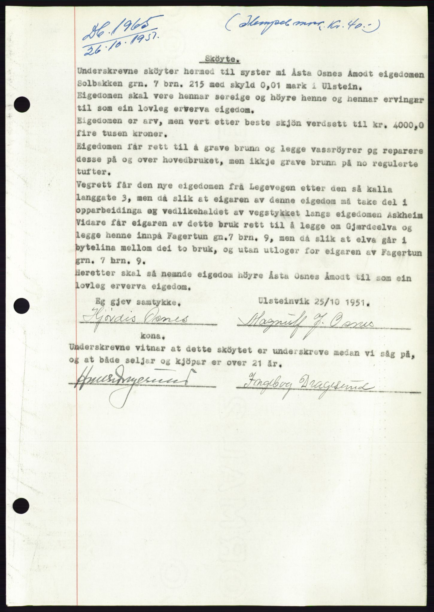 Søre Sunnmøre sorenskriveri, AV/SAT-A-4122/1/2/2C/L0090: Mortgage book no. 16A, 1951-1951, Diary no: : 1965/1951