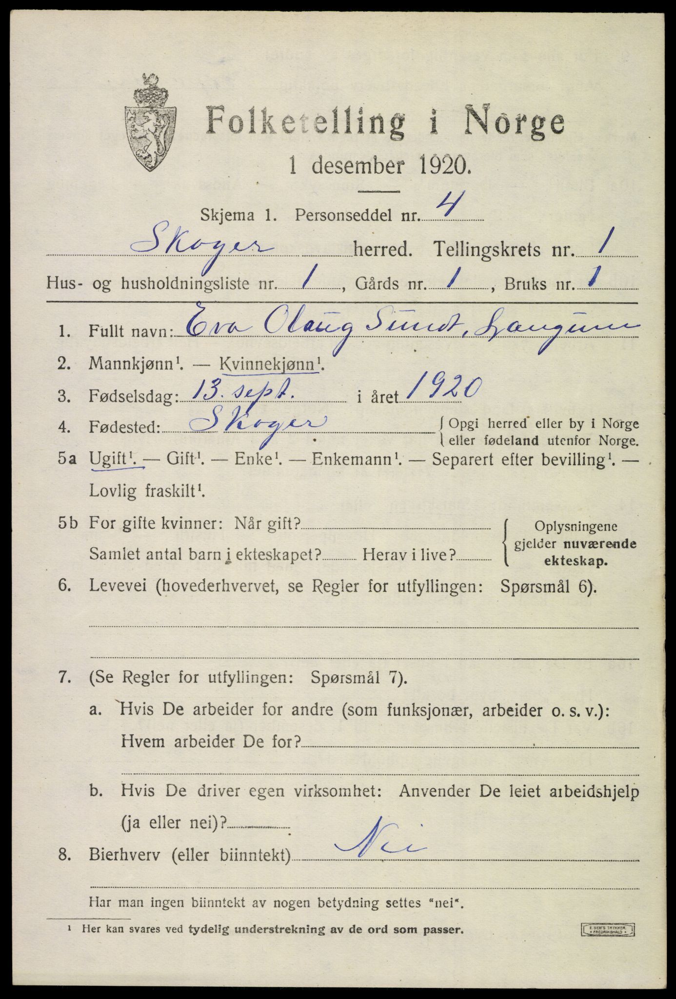 SAKO, 1920 census for Skoger, 1920, p. 2013