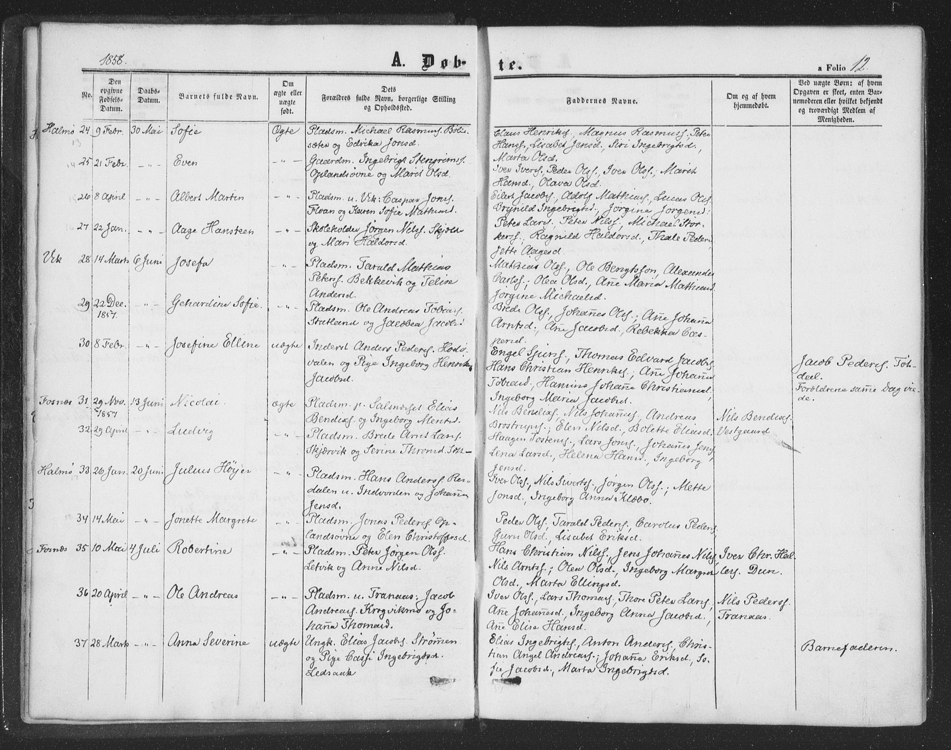 Ministerialprotokoller, klokkerbøker og fødselsregistre - Nord-Trøndelag, AV/SAT-A-1458/773/L0615: Parish register (official) no. 773A06, 1857-1870, p. 12