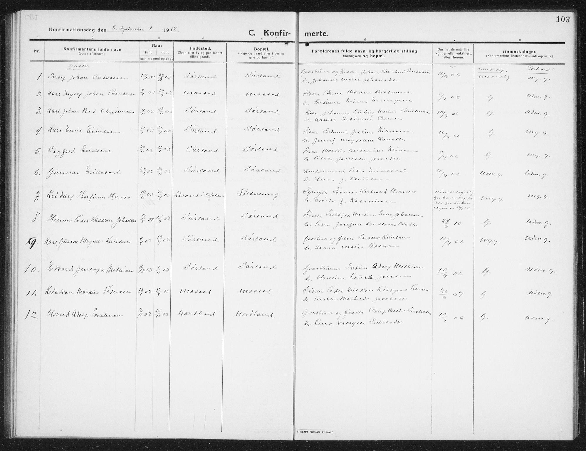 Ministerialprotokoller, klokkerbøker og fødselsregistre - Nordland, AV/SAT-A-1459/807/L0124: Parish register (copy) no. 807C02, 1910-1935, p. 103