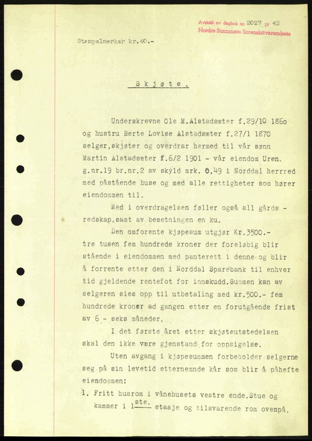 Nordre Sunnmøre sorenskriveri, AV/SAT-A-0006/1/2/2C/2Ca: Mortgage book no. A15, 1942-1943, Diary no: : 2027/1942