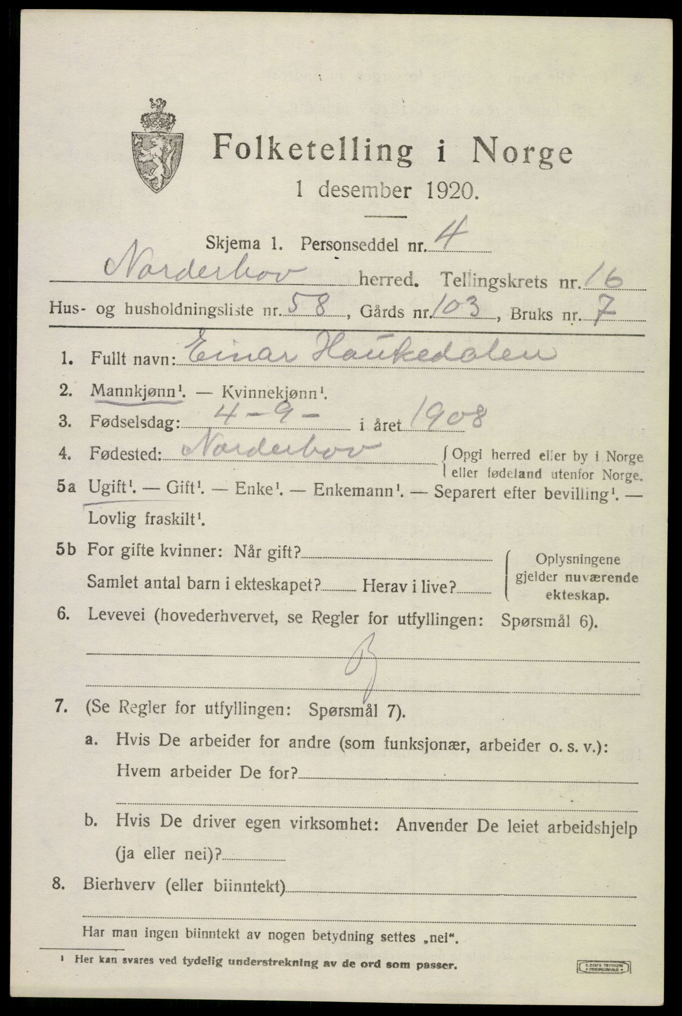 SAKO, 1920 census for Norderhov, 1920, p. 18218