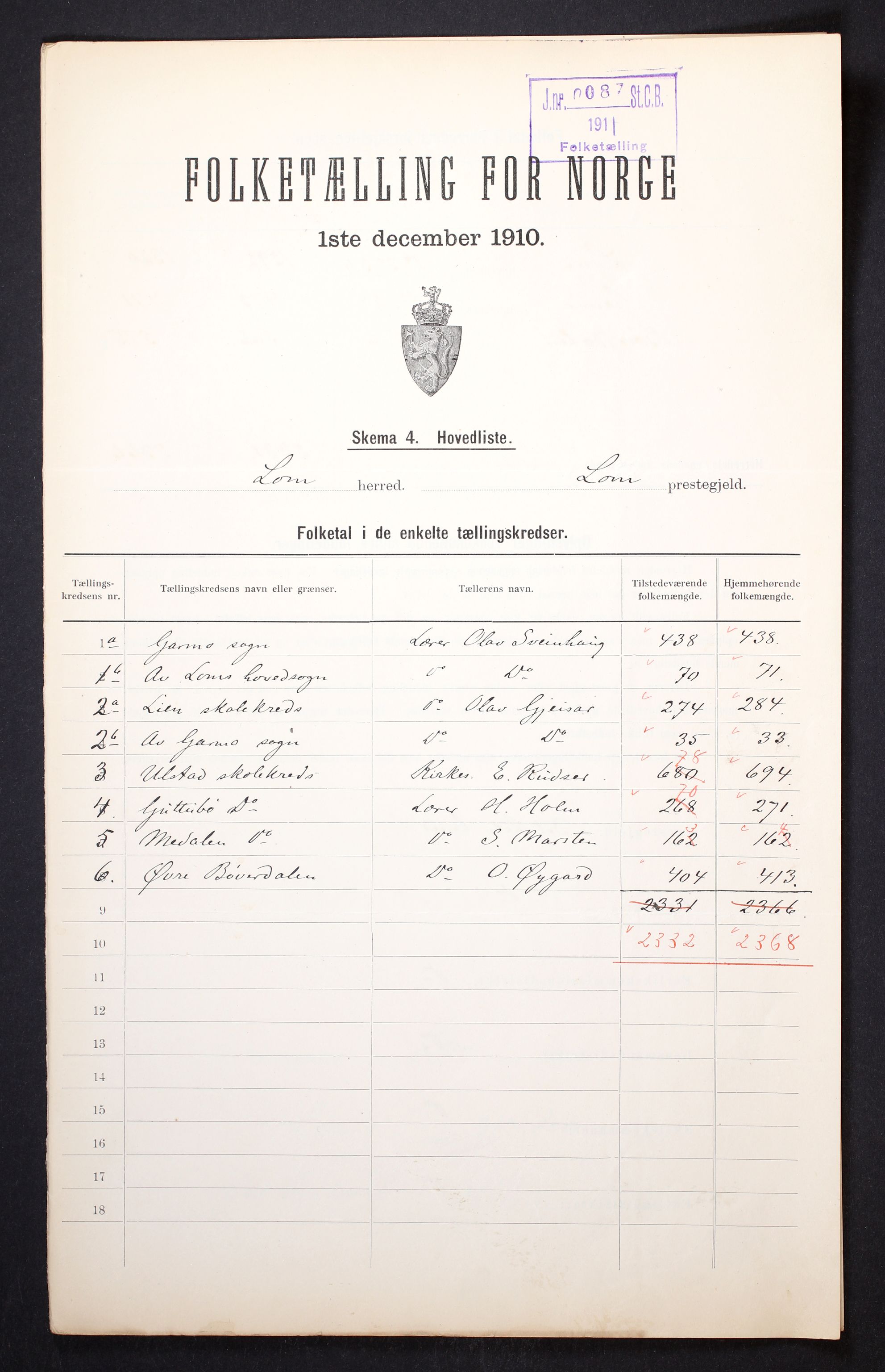 RA, 1910 census for Lom, 1910, p. 2