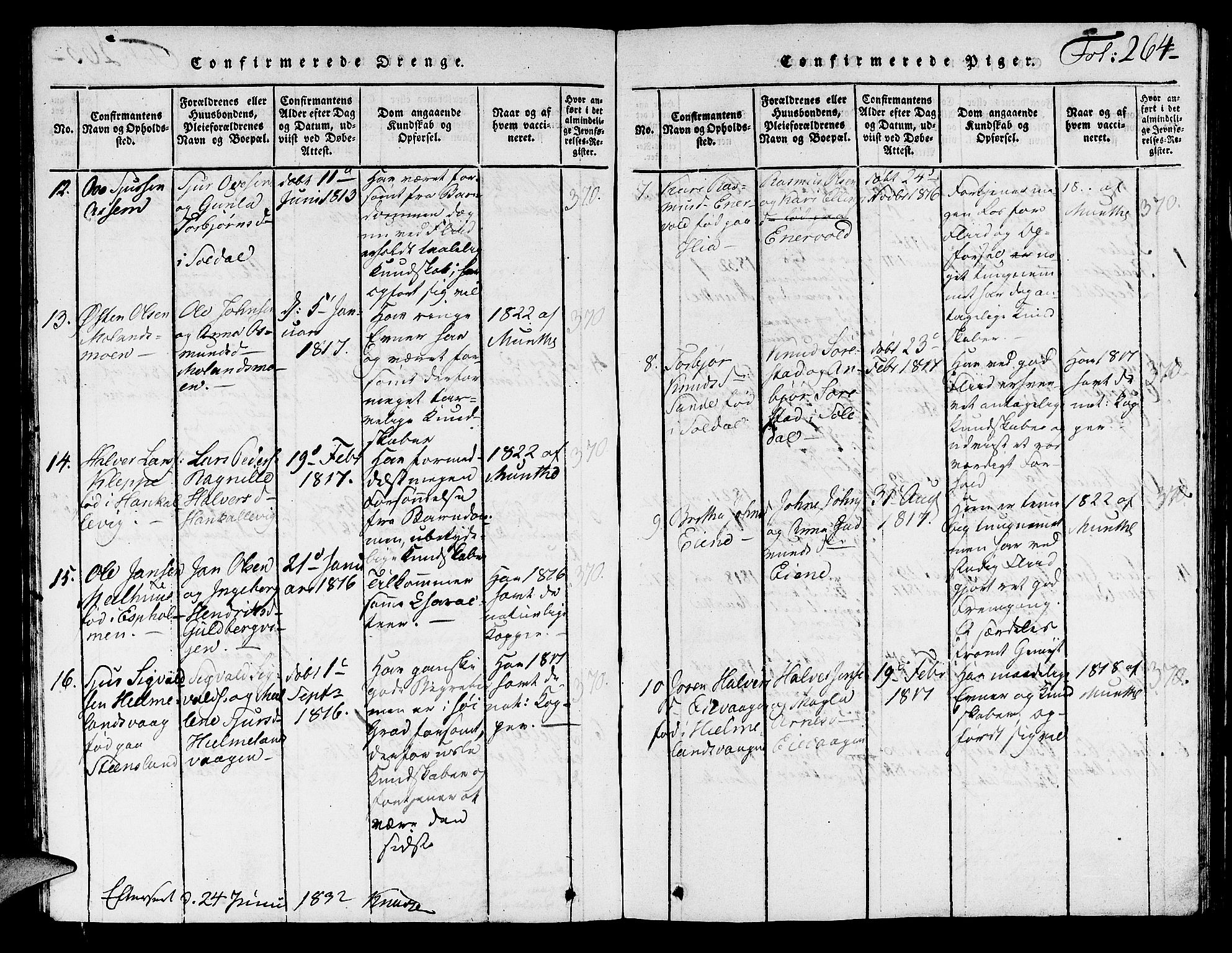 Hjelmeland sokneprestkontor, AV/SAST-A-101843/01/V/L0001: Parish register (copy) no. B 1, 1816-1841, p. 264