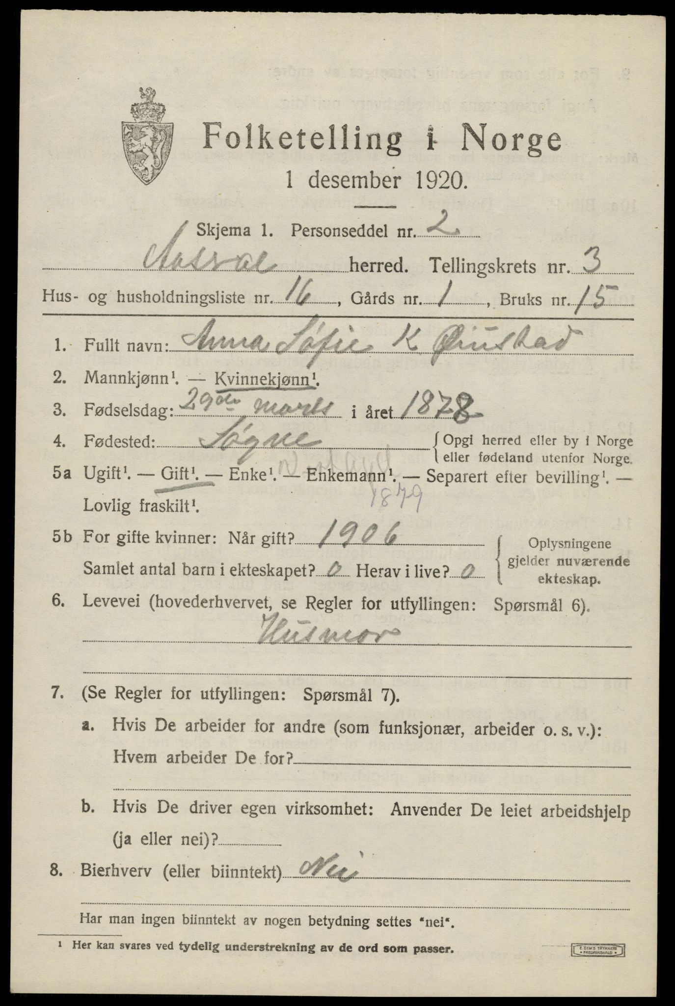 SAK, 1920 census for Åseral, 1920, p. 1144