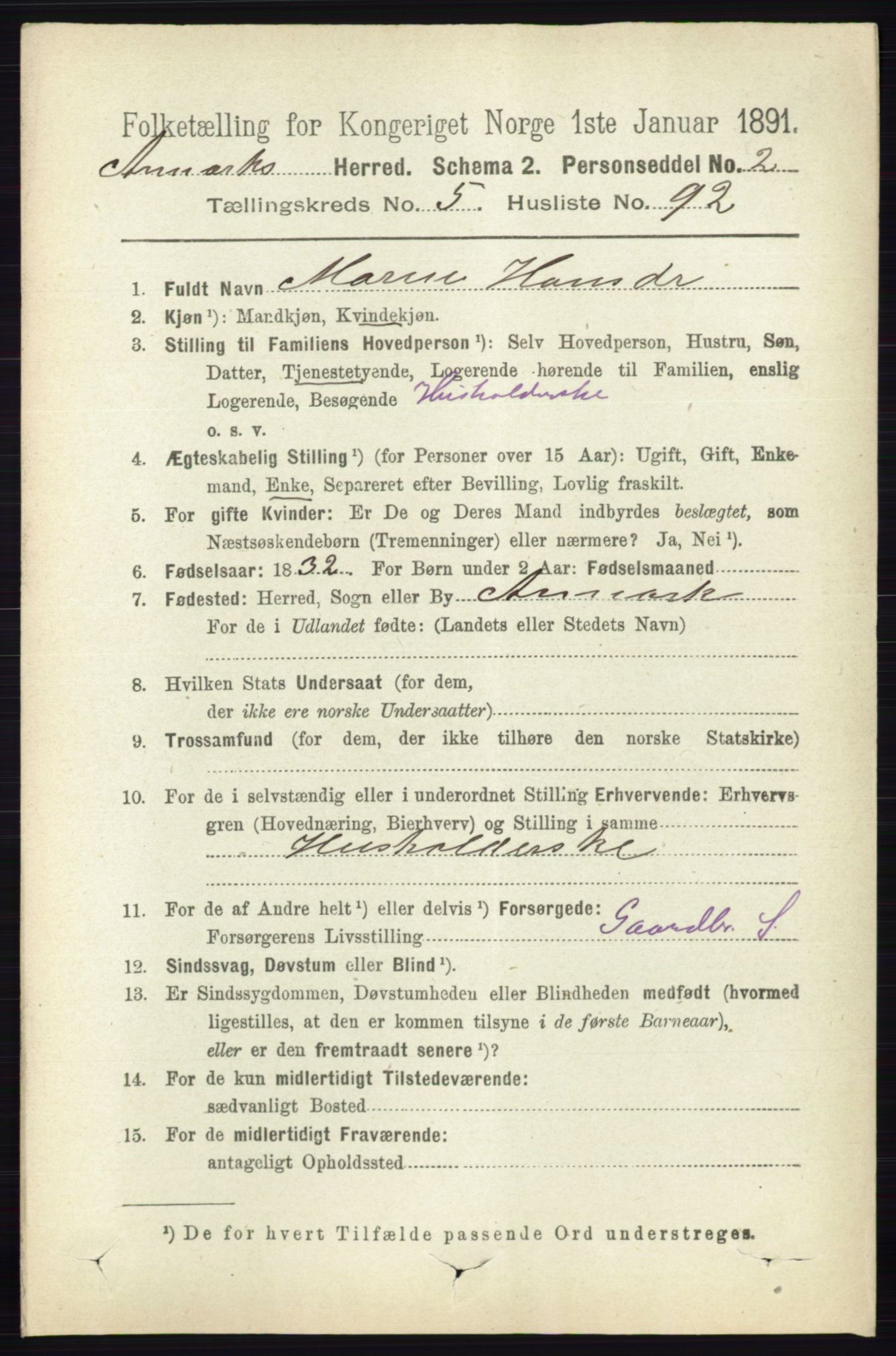 RA, 1891 census for 0118 Aremark, 1891, p. 2989