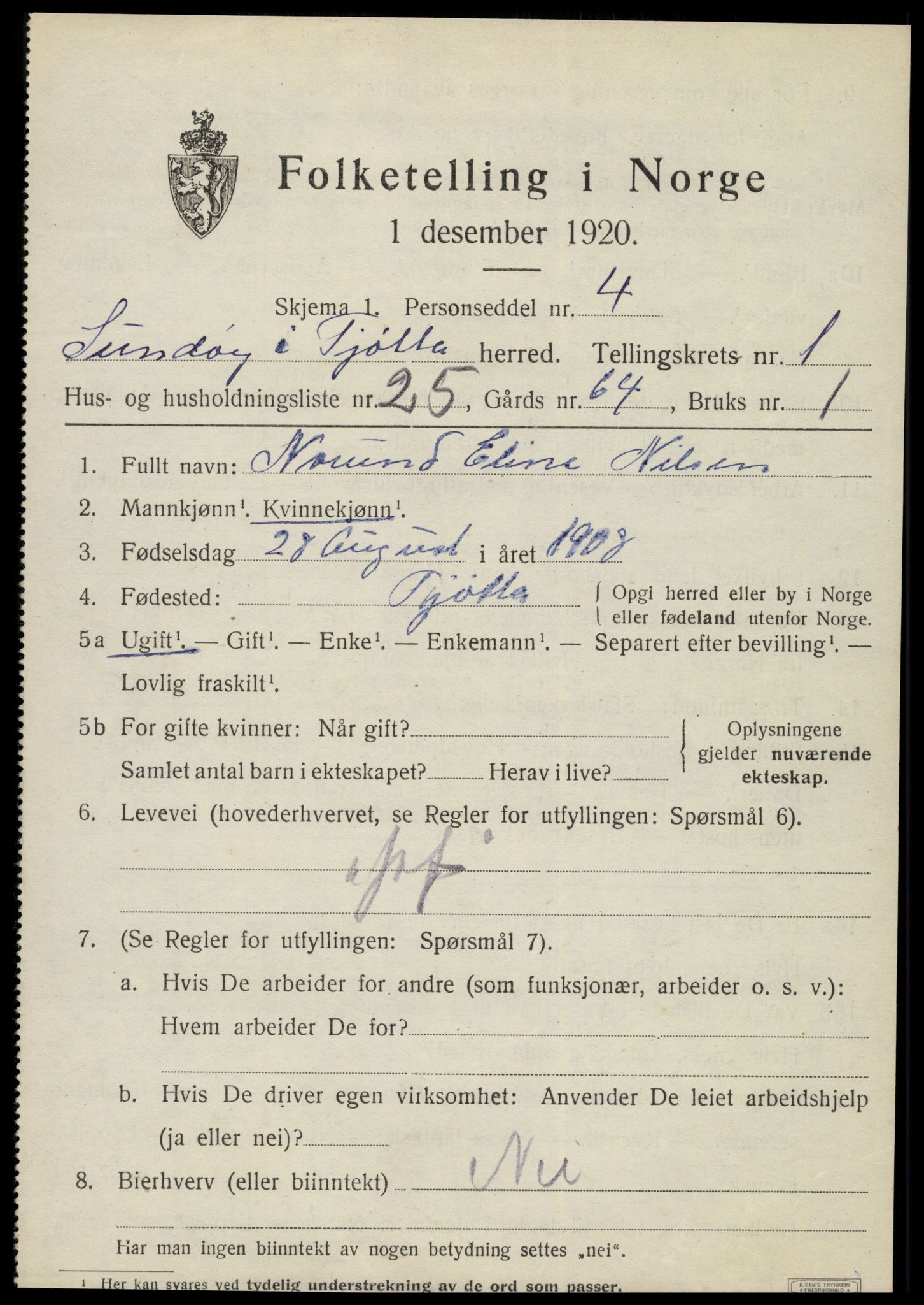 SAT, 1920 census for Tjøtta, 1920, p. 1201