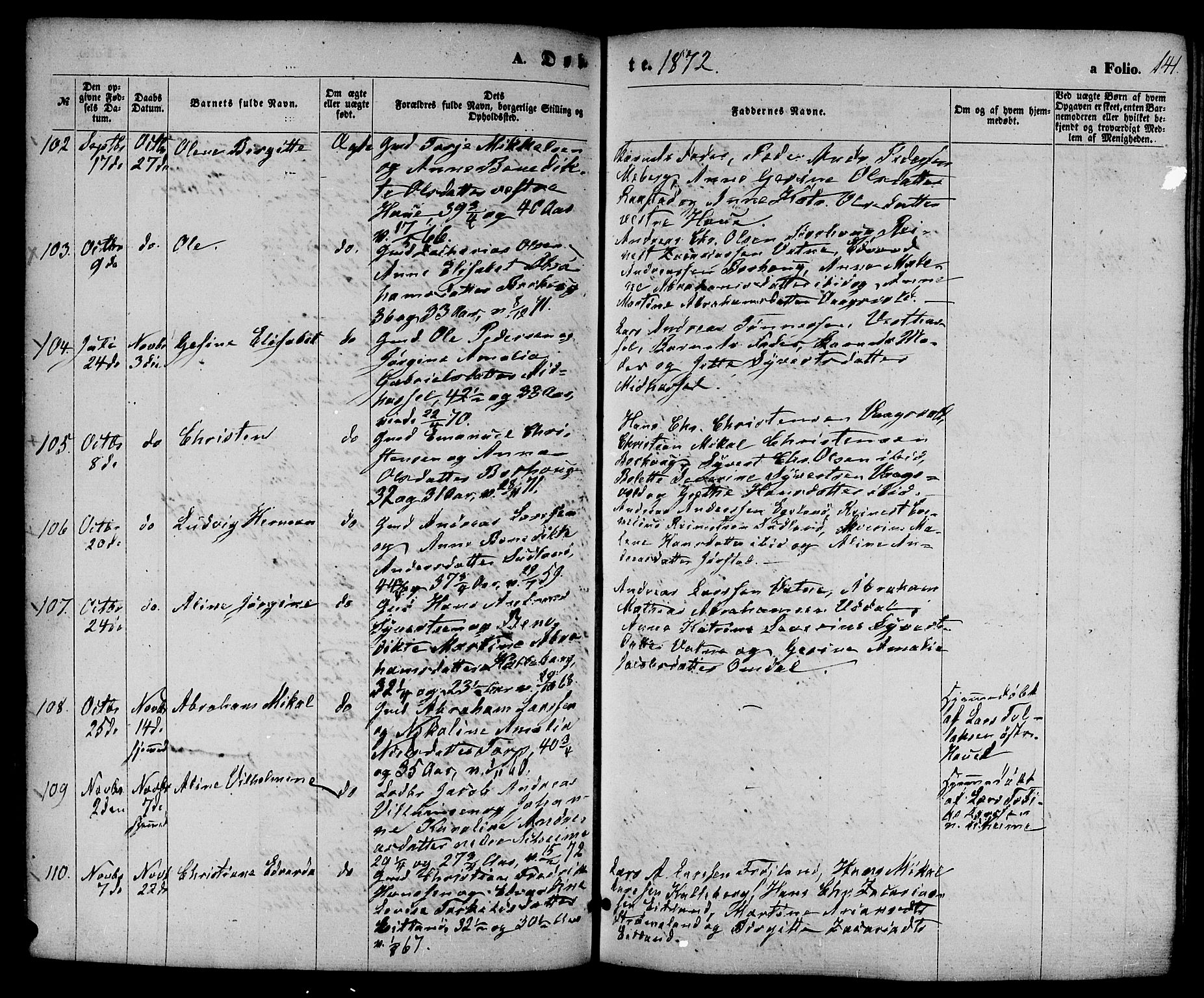 Lista sokneprestkontor, AV/SAK-1111-0027/F/Fb/L0003: Parish register (copy) no. B 3, 1862-1877, p. 141