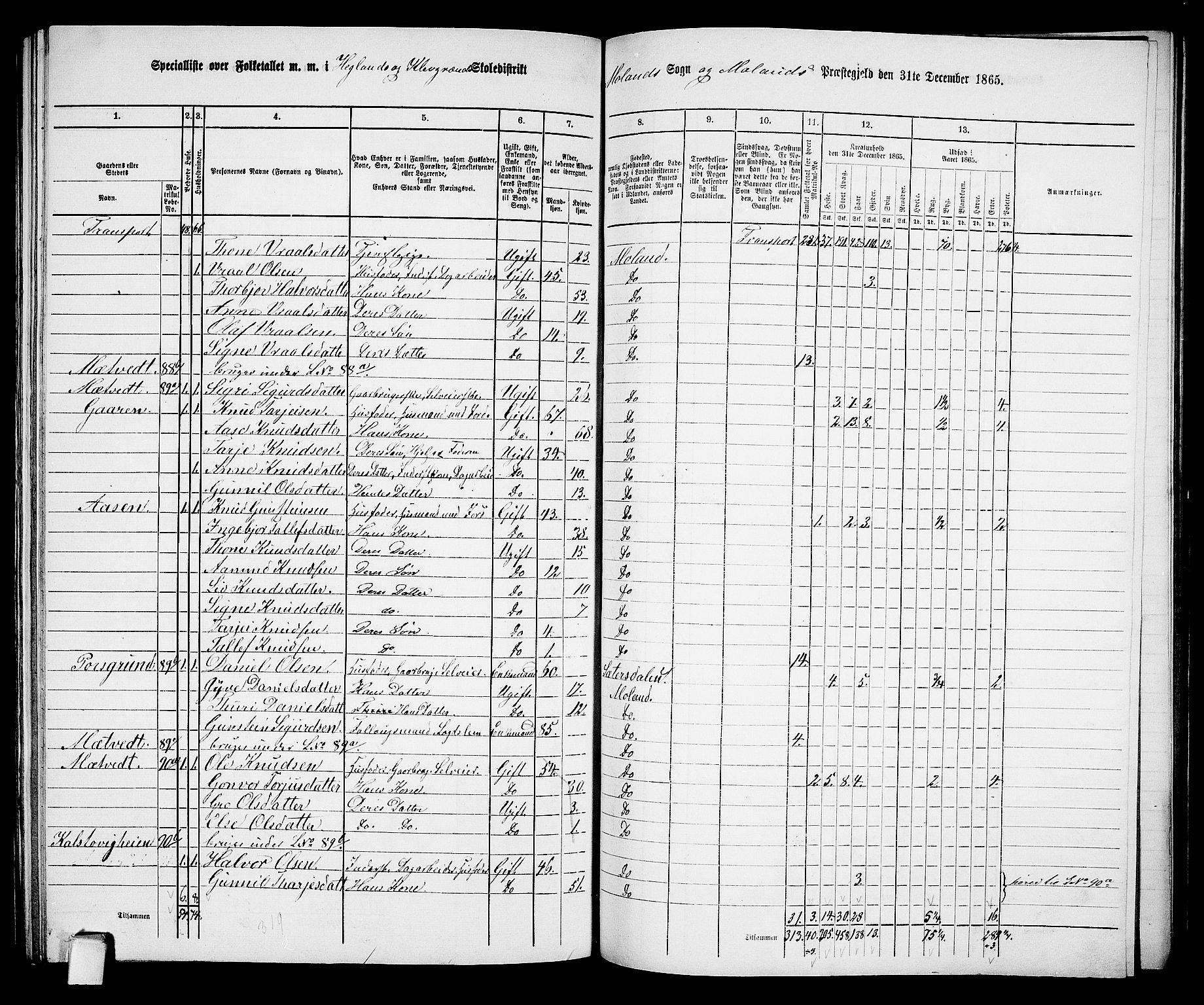 RA, 1865 census for Moland, 1865, p. 69