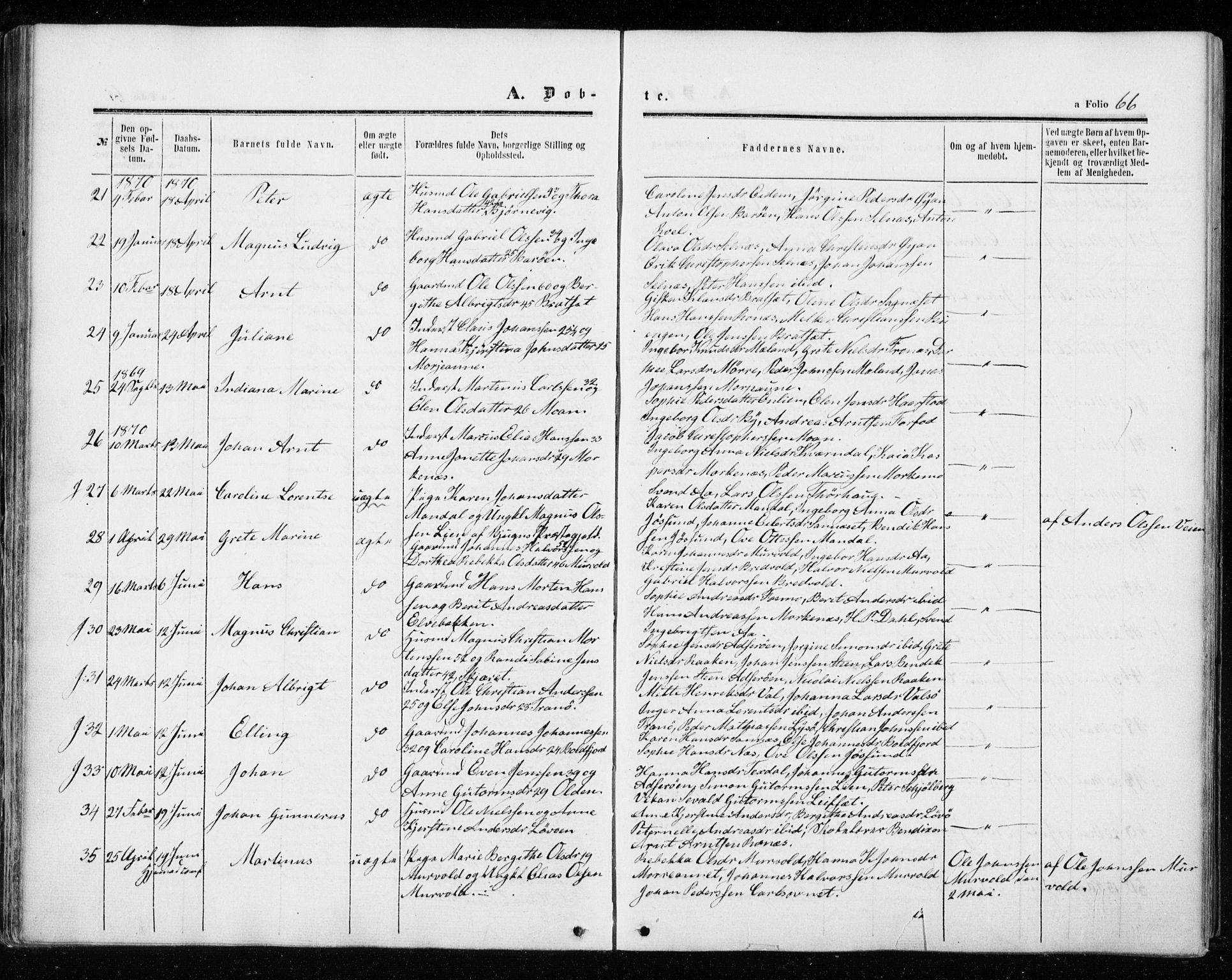 Ministerialprotokoller, klokkerbøker og fødselsregistre - Sør-Trøndelag, SAT/A-1456/655/L0678: Parish register (official) no. 655A07, 1861-1873, p. 66