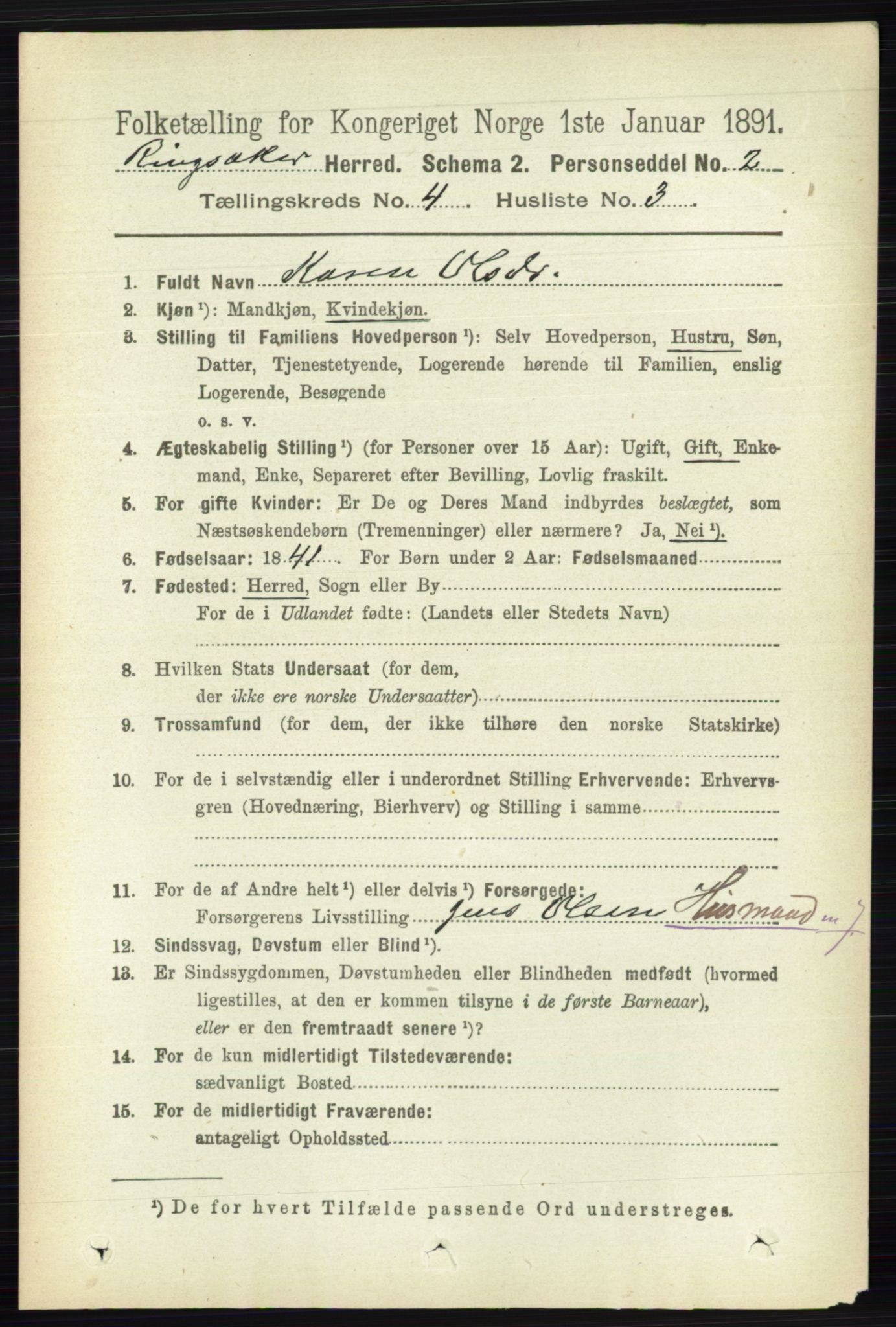 RA, 1891 census for 0412 Ringsaker, 1891, p. 1787
