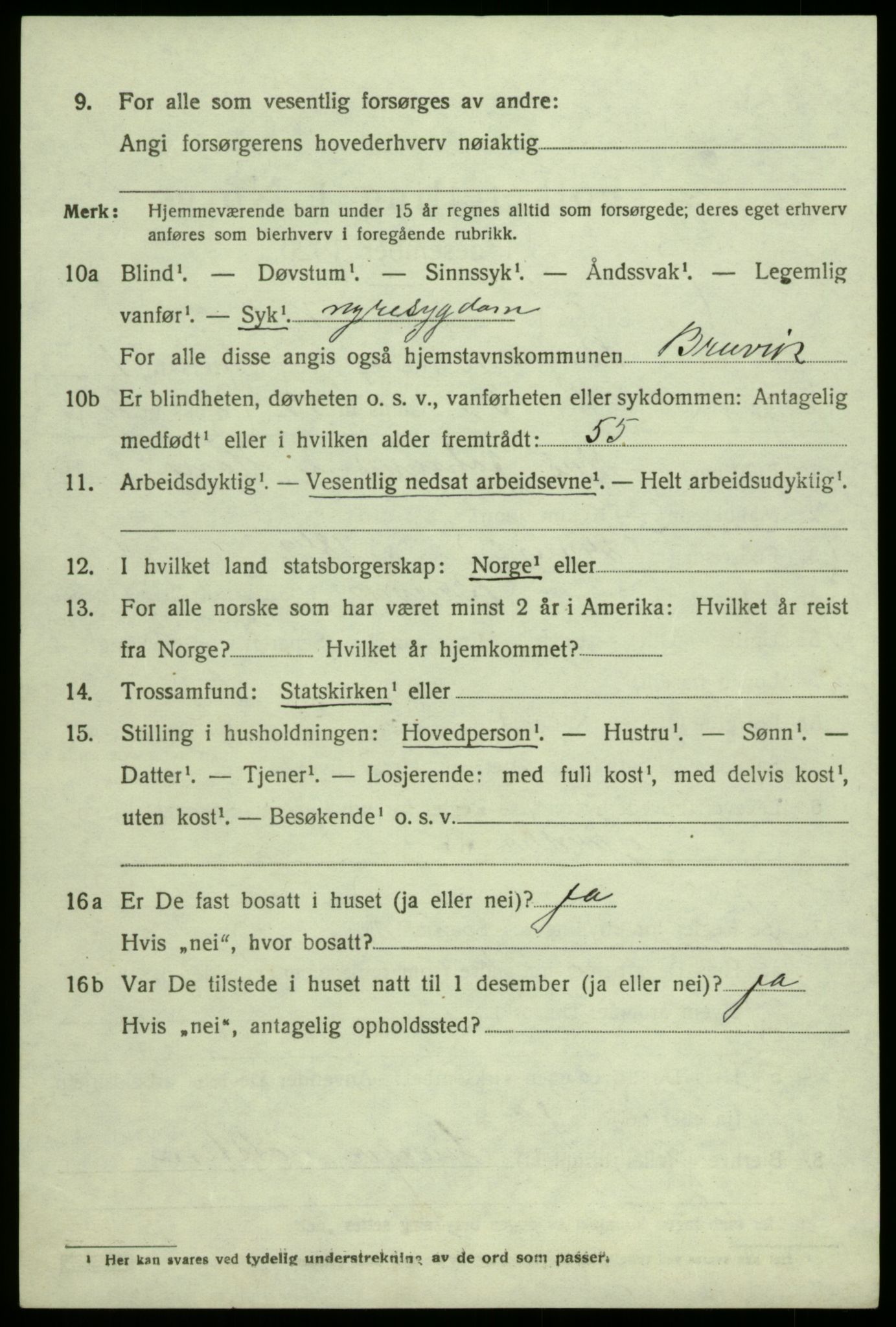 SAB, 1920 census for Bruvik, 1920, p. 1127