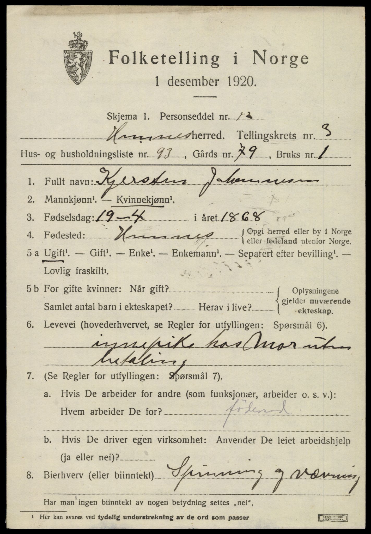 SAT, 1920 census for Hemnes, 1920, p. 5470