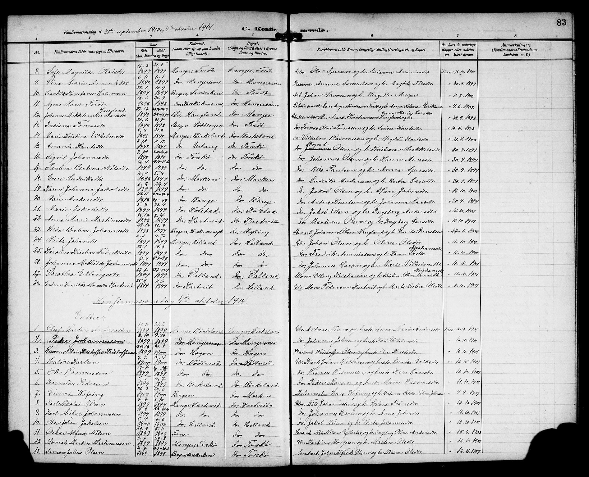 Manger sokneprestembete, SAB/A-76801/H/Hab: Parish register (copy) no. A 2, 1902-1923, p. 83
