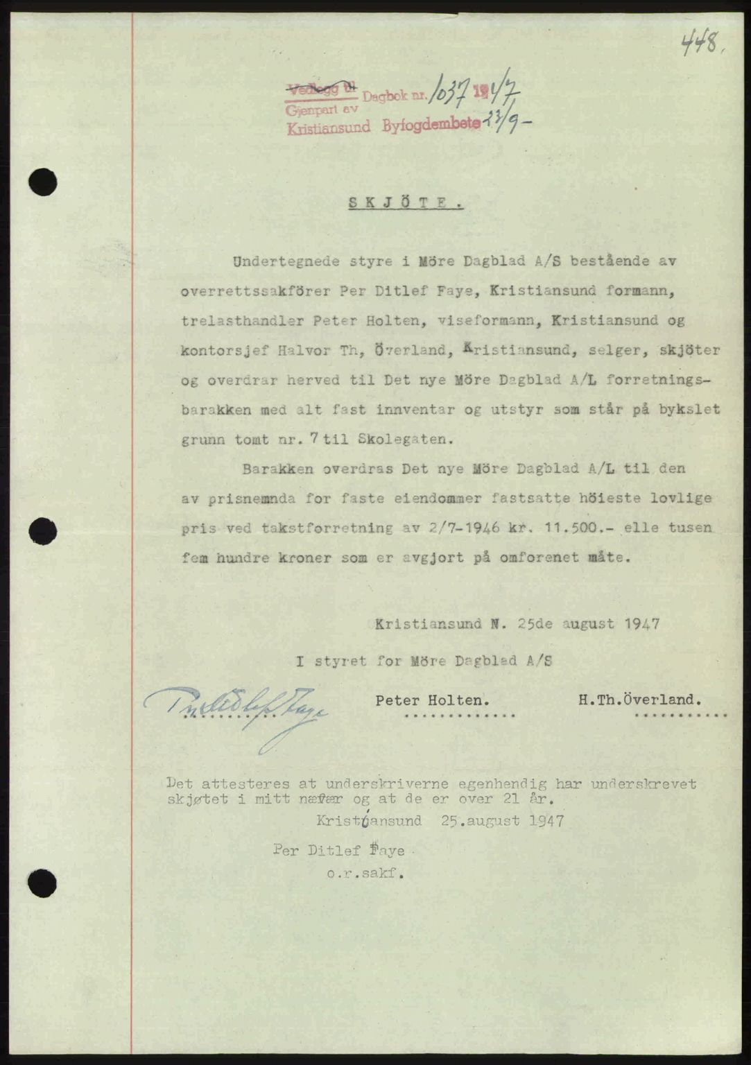 Kristiansund byfogd, AV/SAT-A-4587/A/27: Mortgage book no. 39b, 1946-1947, Diary no: : 1037/1947