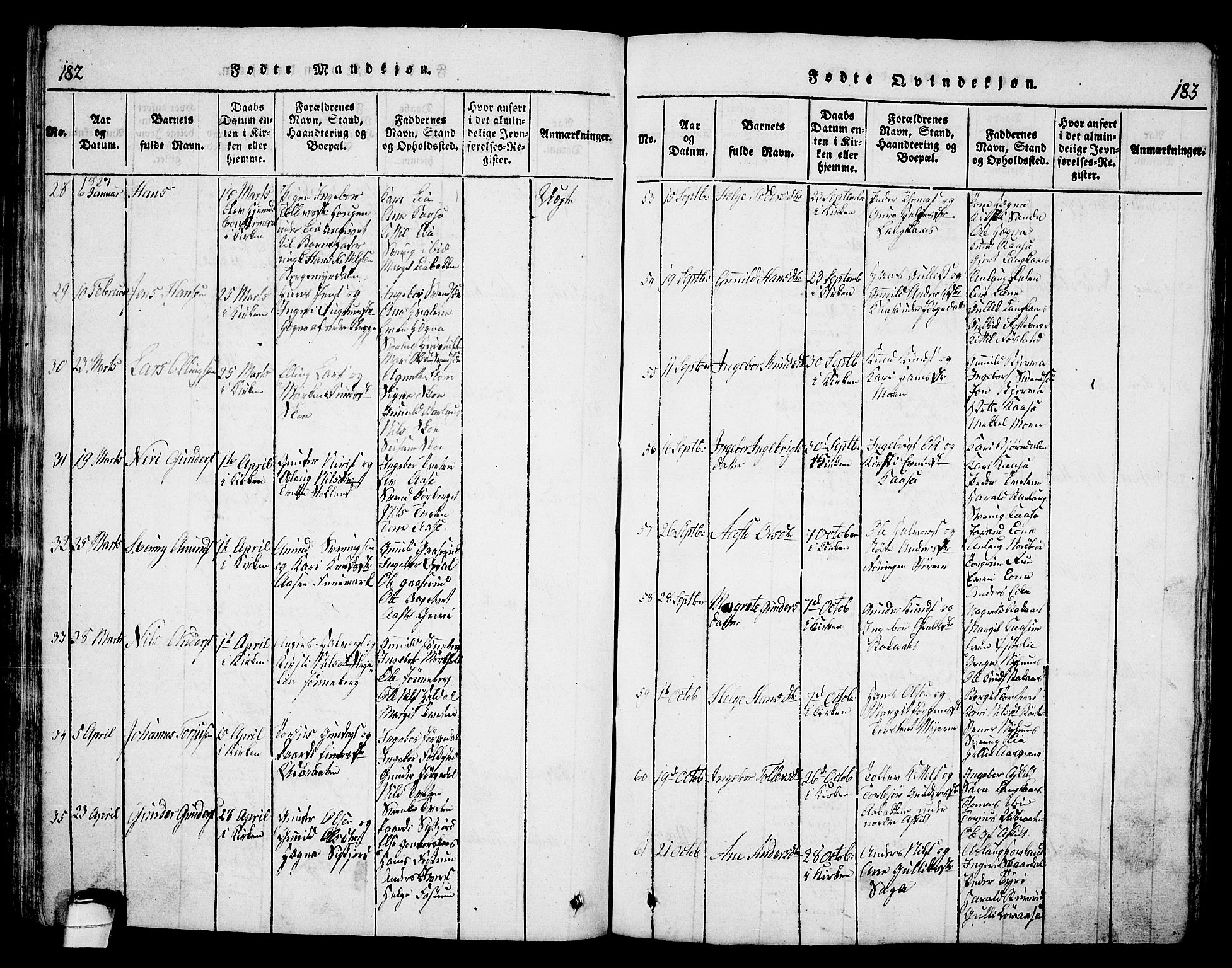 Bø kirkebøker, SAKO/A-257/G/Ga/L0001: Parish register (copy) no. 1, 1815-1831, p. 182-183
