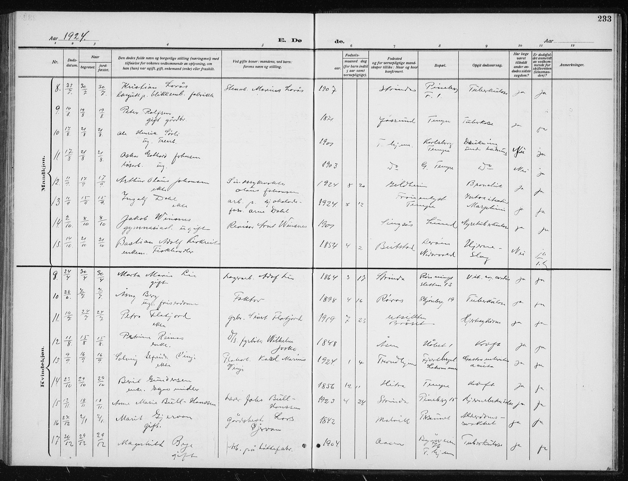 Ministerialprotokoller, klokkerbøker og fødselsregistre - Sør-Trøndelag, SAT/A-1456/606/L0314: Parish register (copy) no. 606C10, 1911-1937, p. 233
