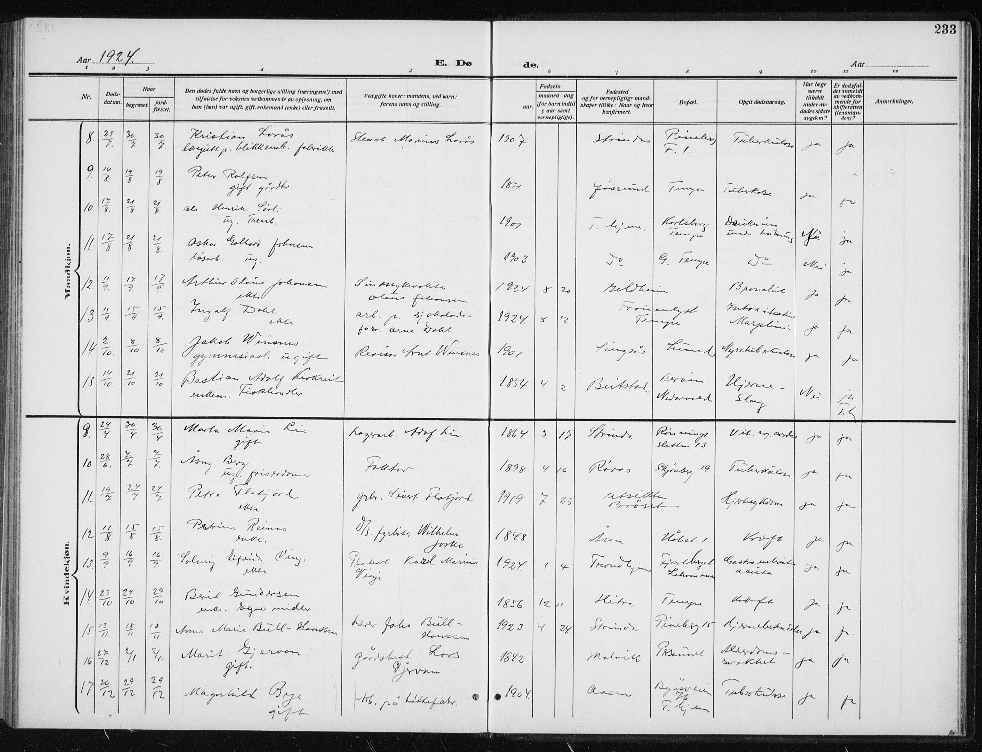 Ministerialprotokoller, klokkerbøker og fødselsregistre - Sør-Trøndelag, AV/SAT-A-1456/606/L0314: Parish register (copy) no. 606C10, 1911-1937, p. 233