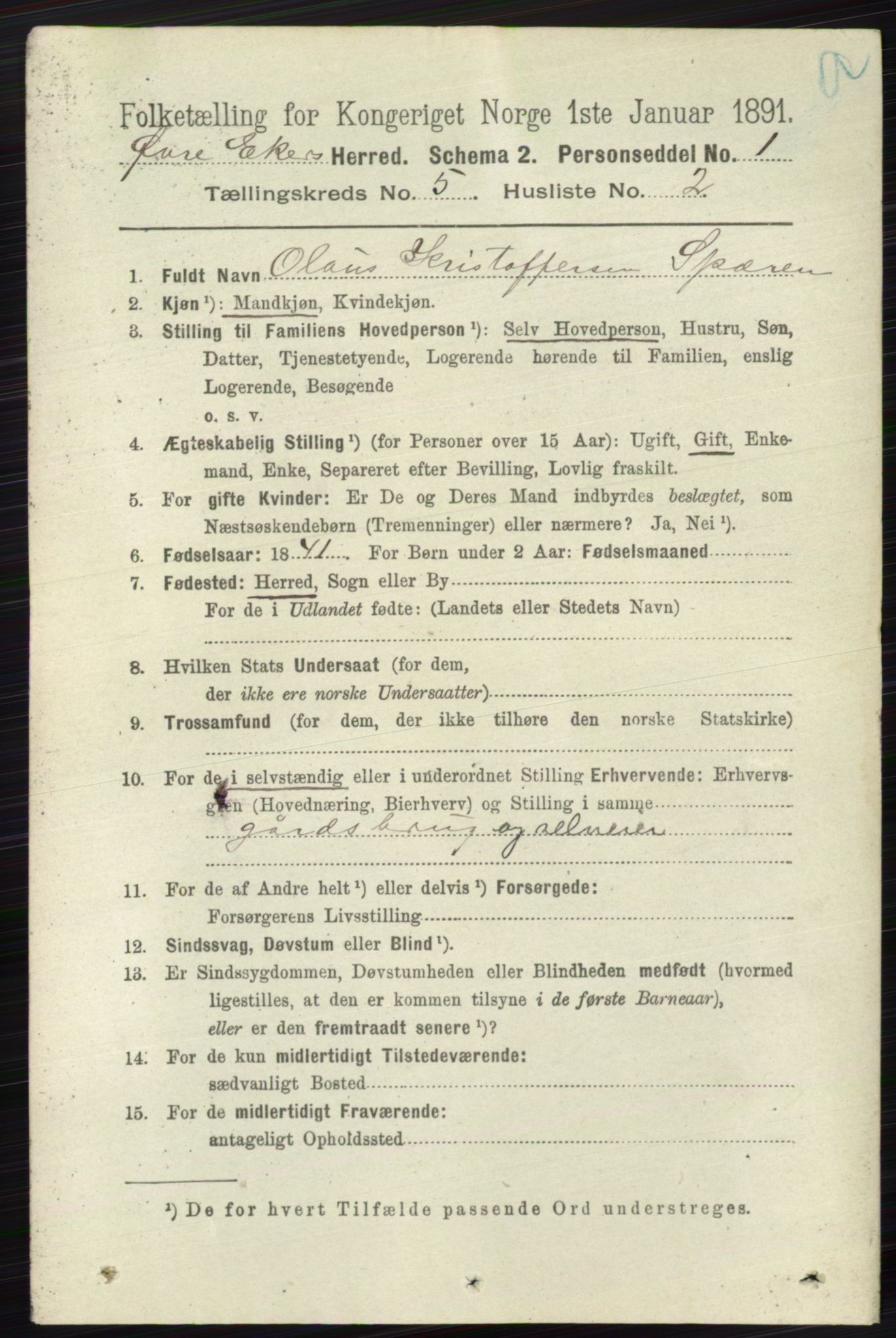 RA, 1891 census for 0624 Øvre Eiker, 1891, p. 1834