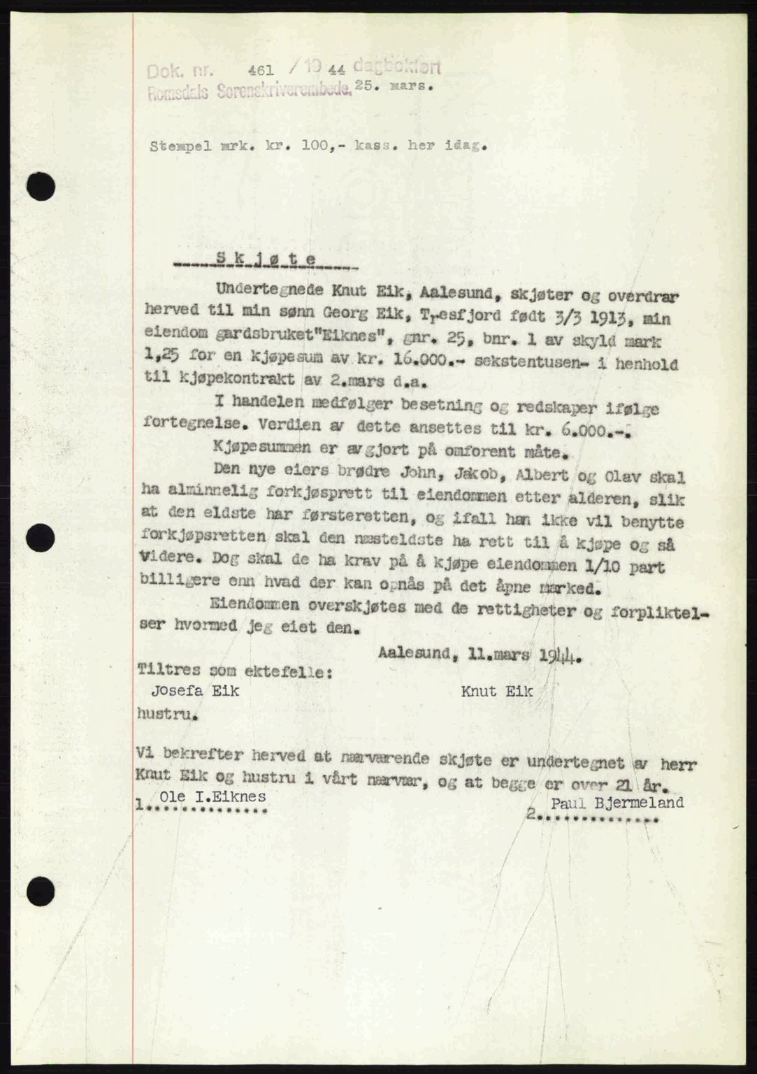 Romsdal sorenskriveri, SAT/A-4149/1/2/2C: Mortgage book no. A16, 1944-1944, Diary no: : 461/1944