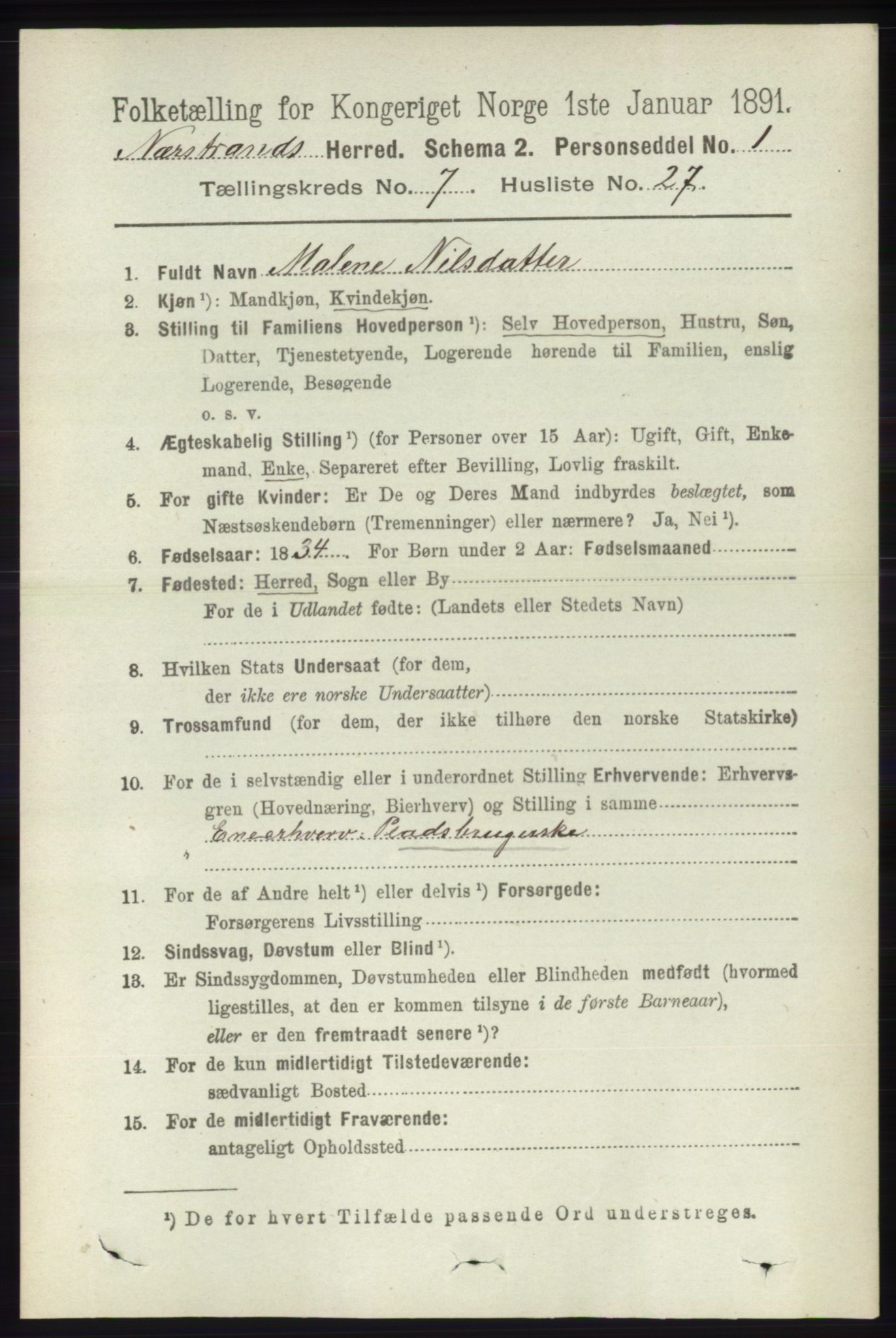 RA, 1891 census for 1139 Nedstrand, 1891, p. 1312