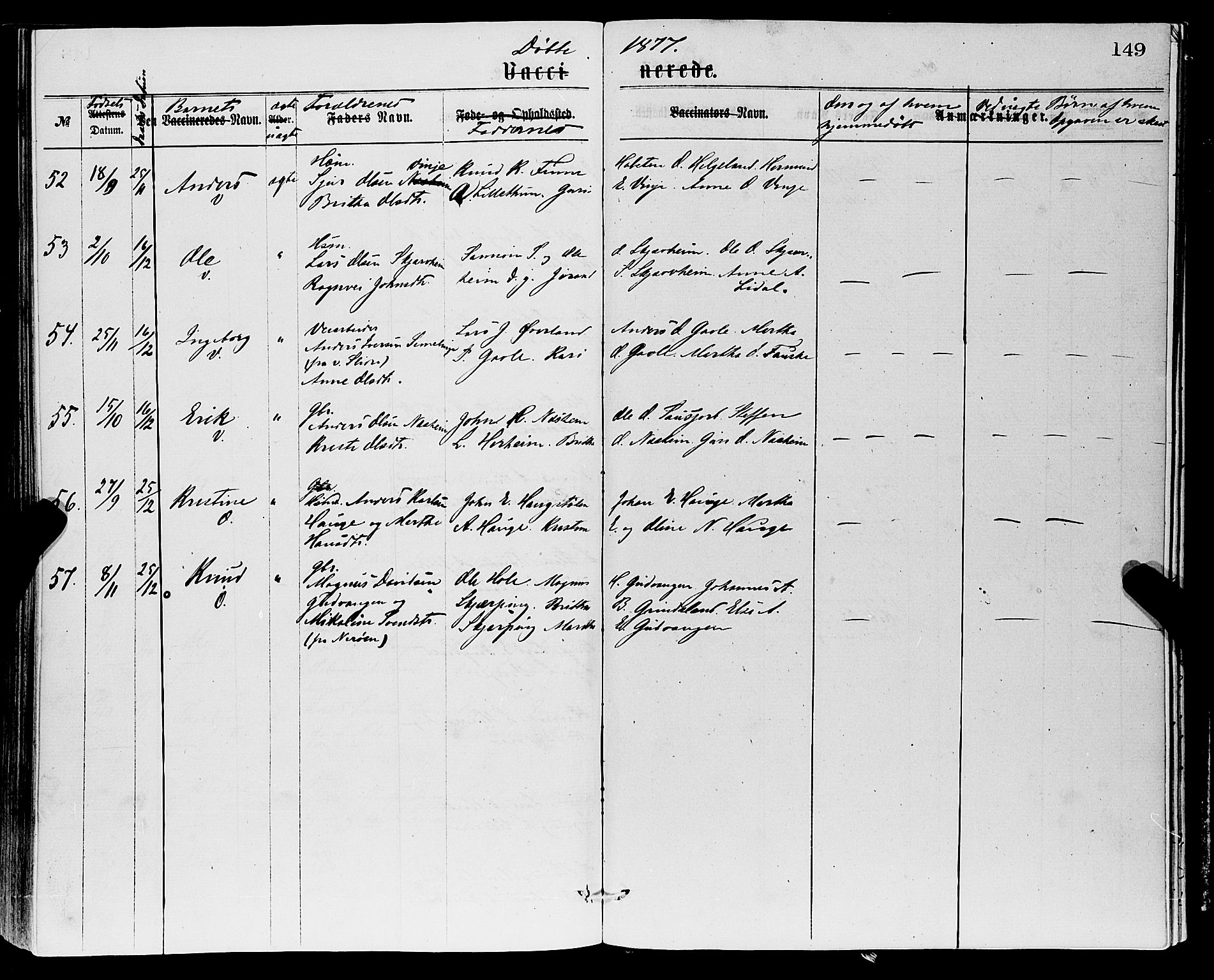 Vossestrand Sokneprestembete, AV/SAB-A-79101/H/Haa: Parish register (official) no. A 1, 1866-1877, p. 149