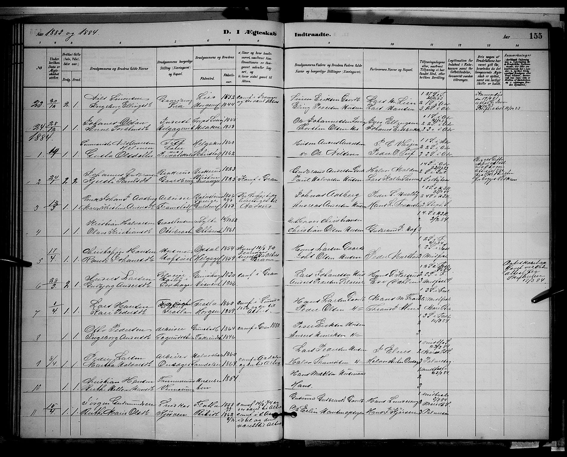 Gran prestekontor, SAH/PREST-112/H/Ha/Hab/L0002: Parish register (copy) no. 2, 1879-1892, p. 155