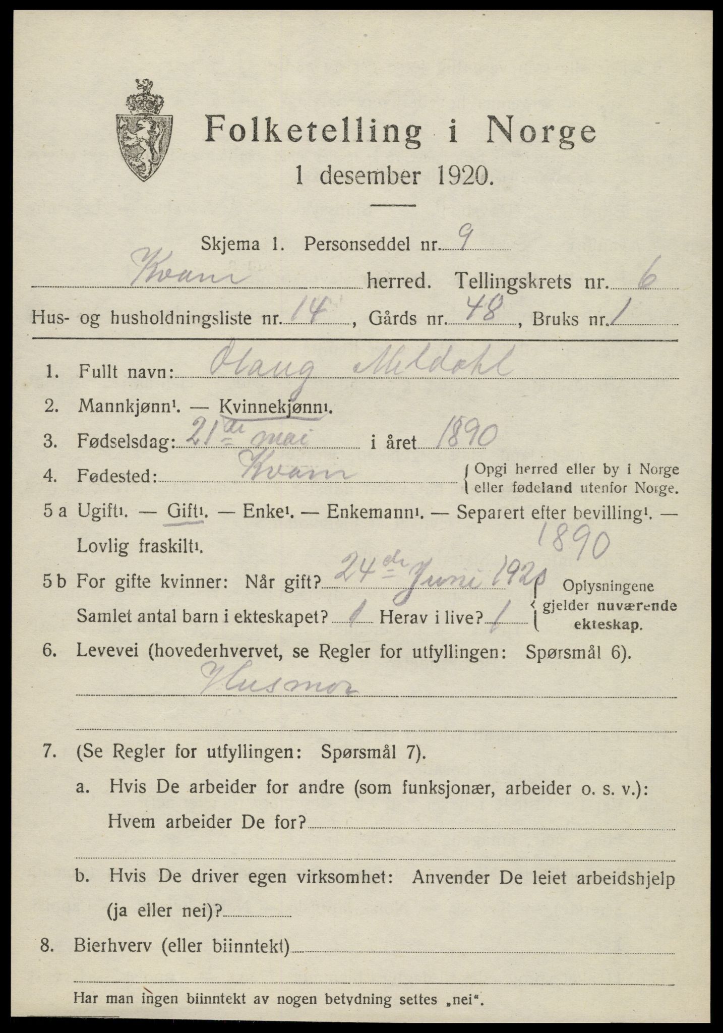 SAT, 1920 census for Kvam, 1920, p. 1787