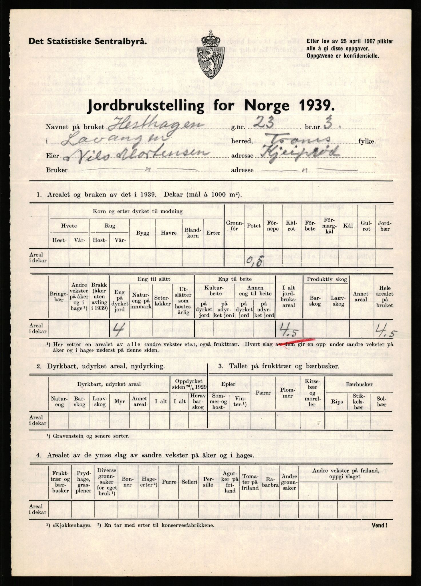 Statistisk sentralbyrå, Næringsøkonomiske emner, Jordbruk, skogbruk, jakt, fiske og fangst, AV/RA-S-2234/G/Gb/L0339: Troms: Andørja, Astafjord og Lavangen, 1939, p. 871