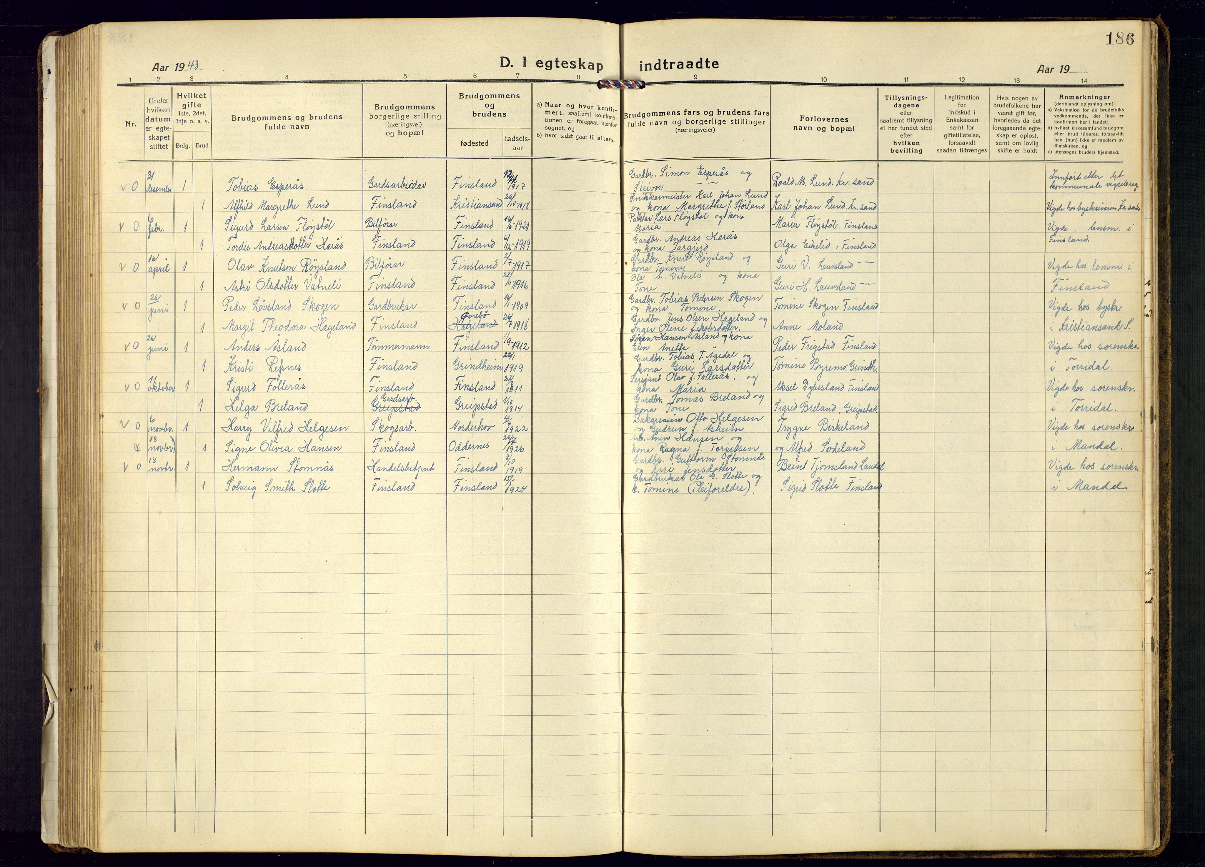Bjelland sokneprestkontor, SAK/1111-0005/F/Fb/Fbb/L0006: Parish register (copy) no. B-6, 1918-1946, p. 186