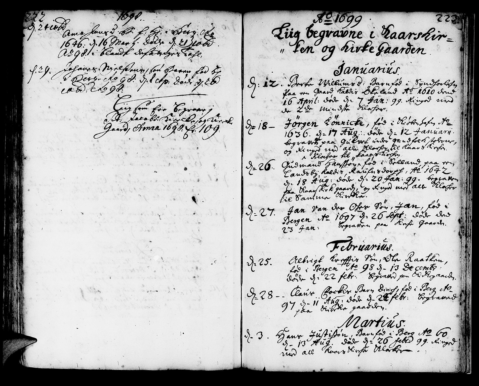 Korskirken sokneprestembete, SAB/A-76101/H/Haa/L0010: Parish register (official) no. A 10, 1688-1703, p. 222-223