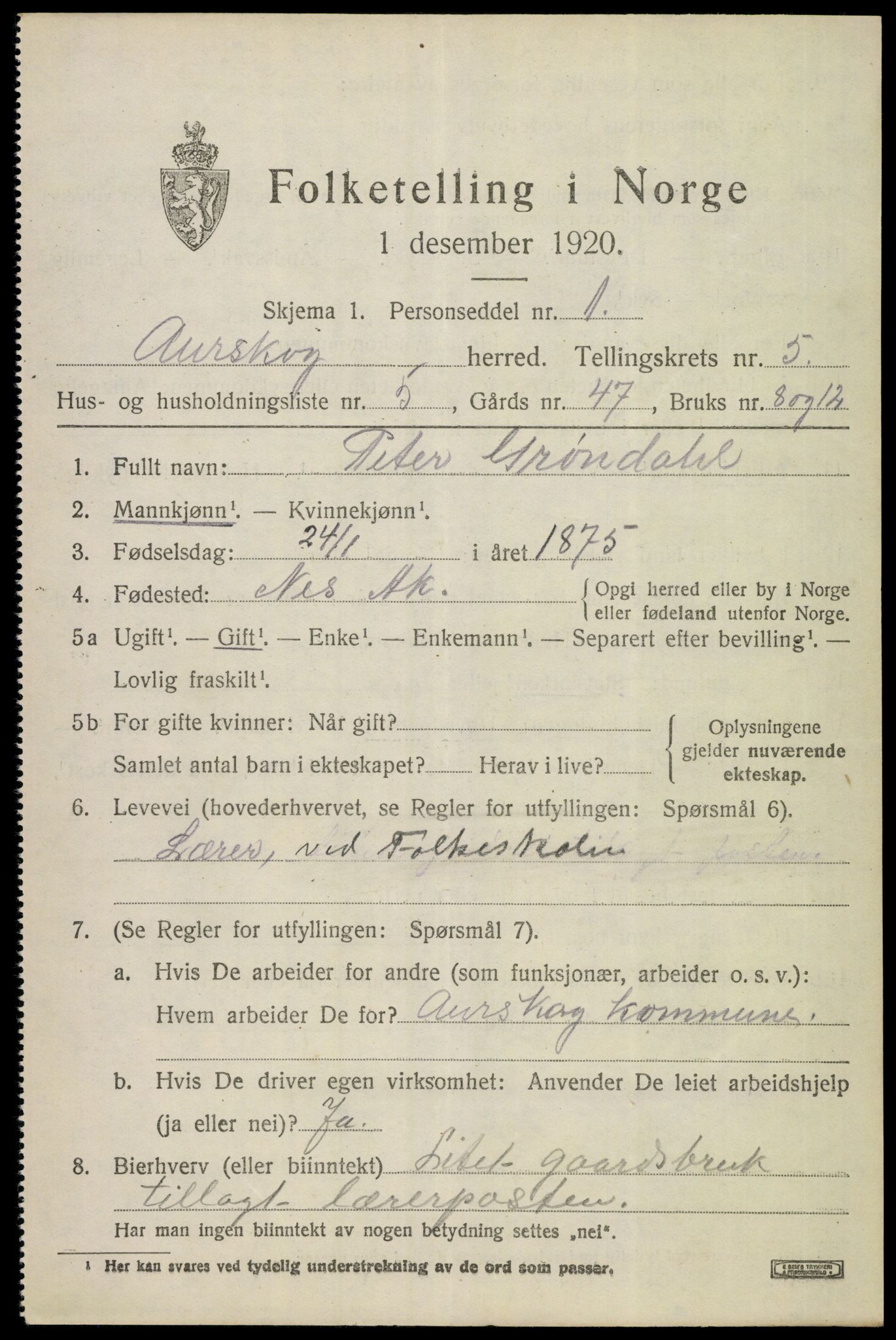 SAO, 1920 census for Aurskog, 1920, p. 6578