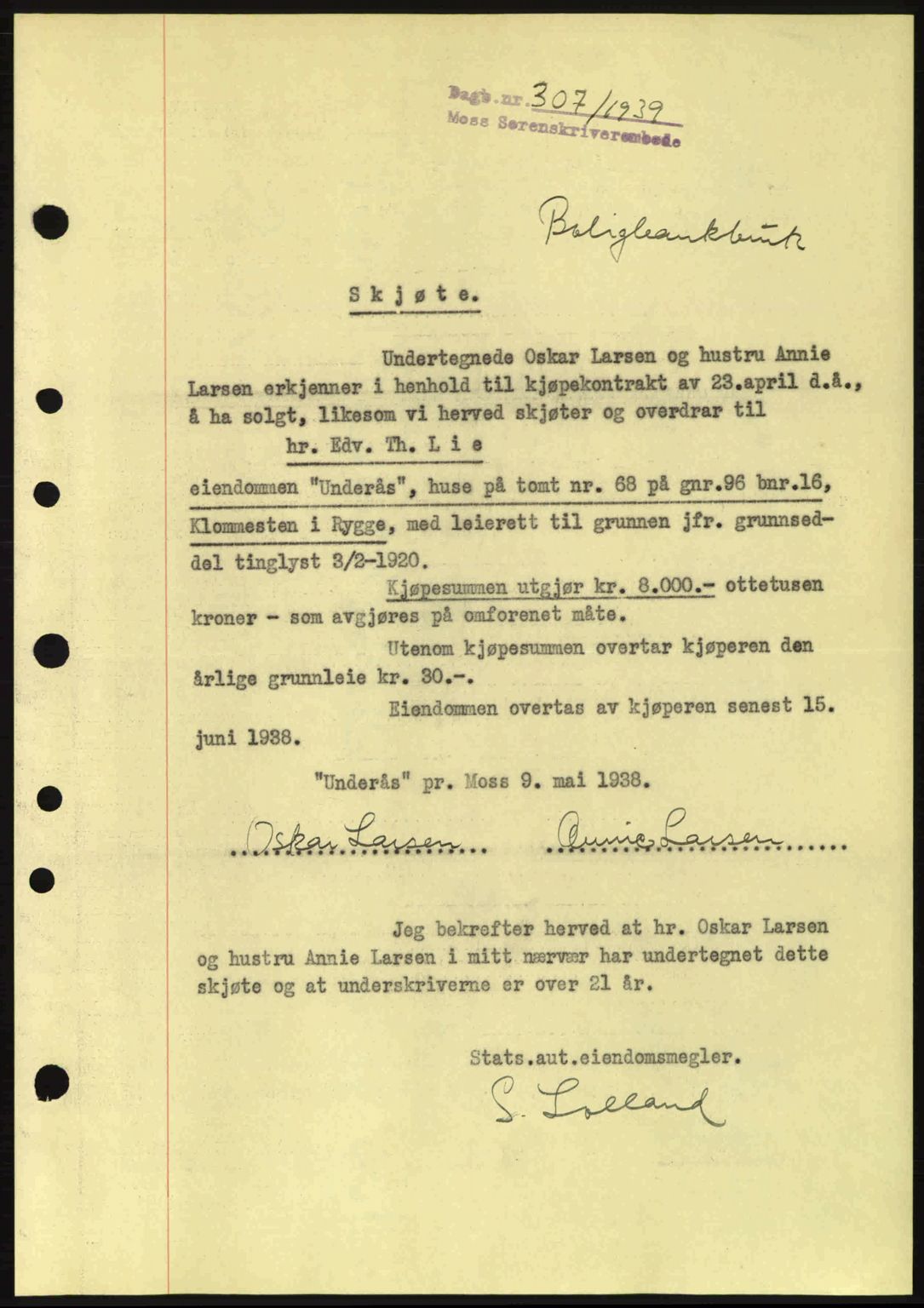 Moss sorenskriveri, SAO/A-10168: Mortgage book no. A5, 1938-1939, Diary no: : 307/1939