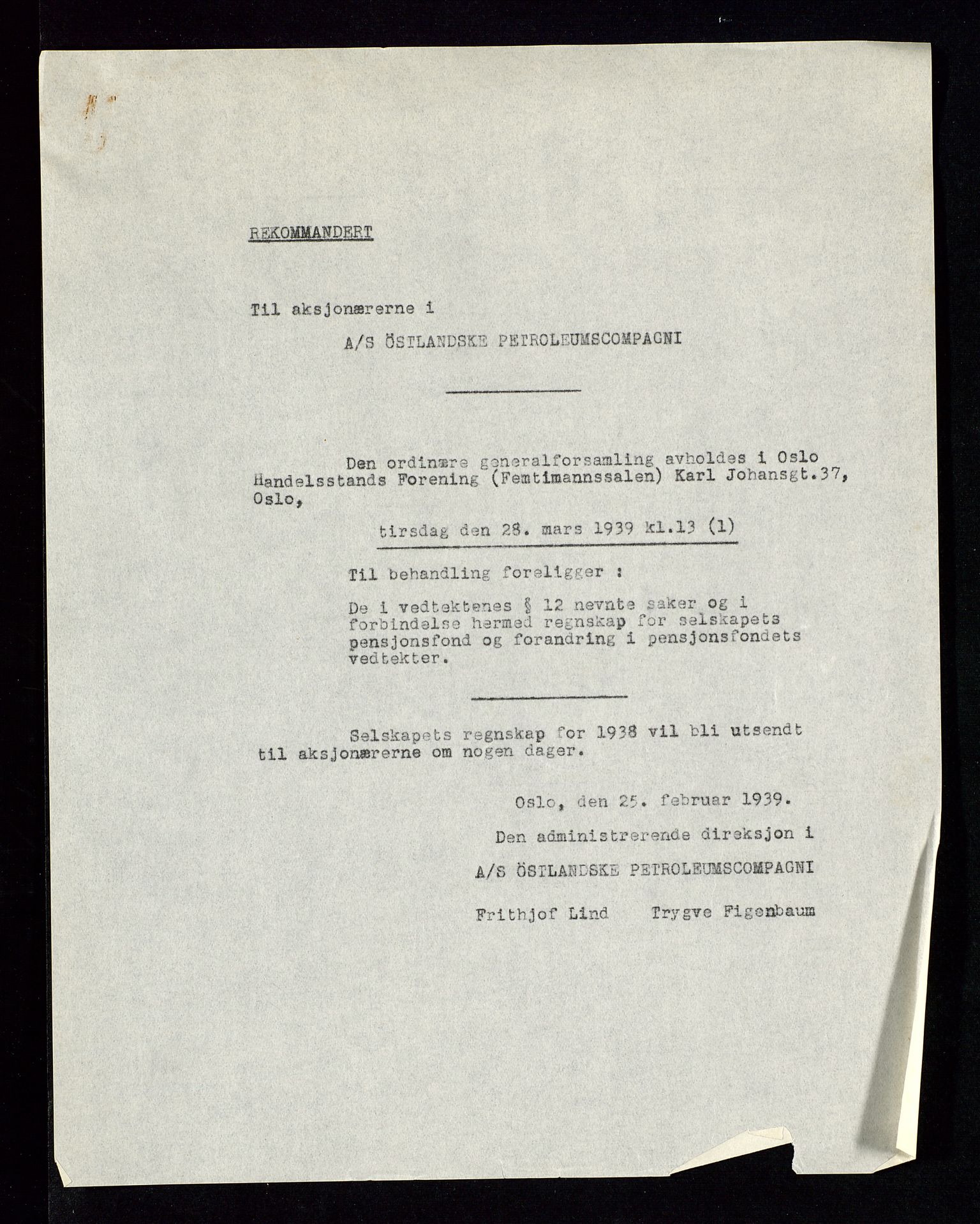 PA 1534 - Østlandske Petroleumscompagni A/S, SAST/A-101954/A/Aa/L0002/0010: Generalforsamlinger. / Generalforsamling, 1939, p. 2