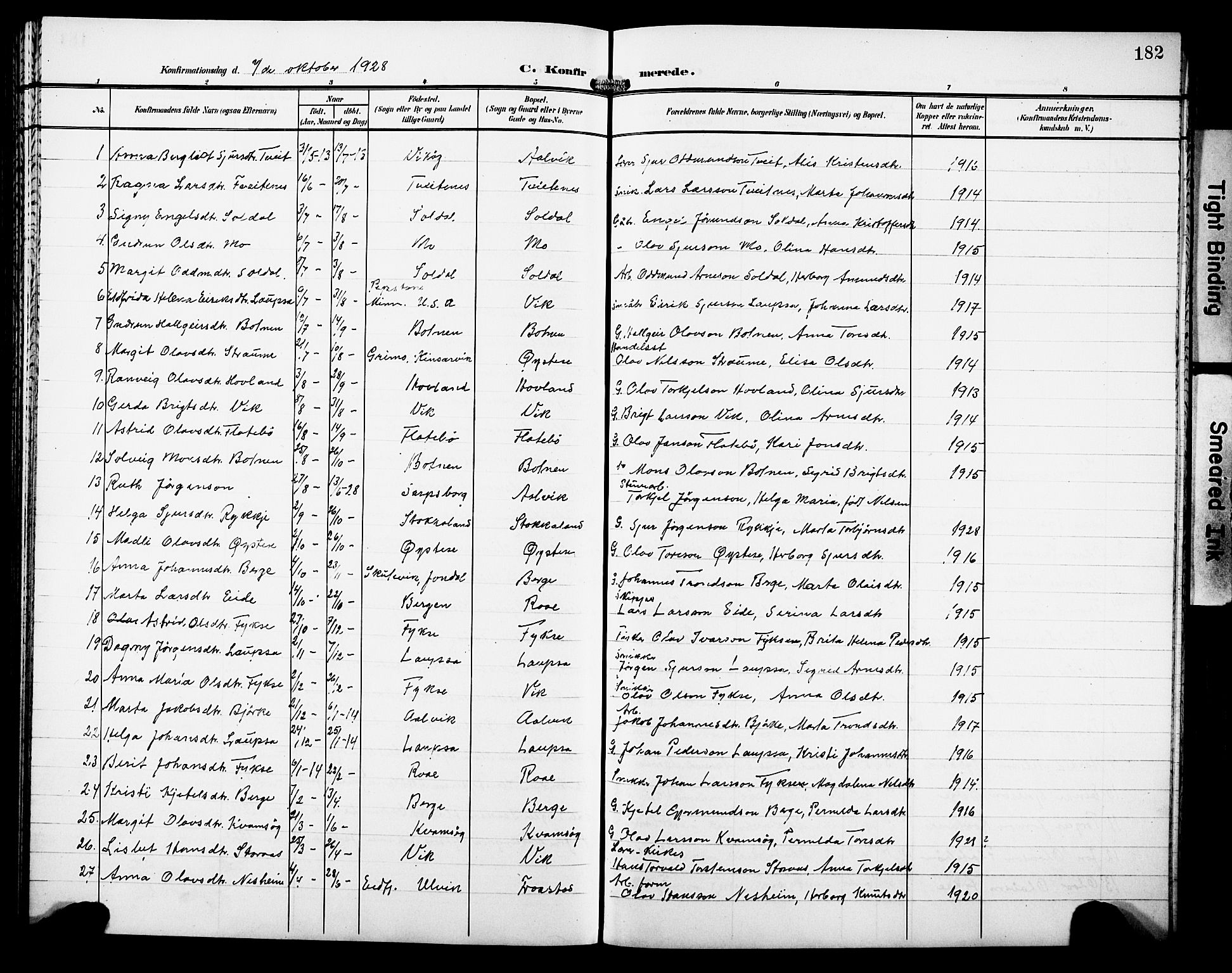 Kvam sokneprestembete, SAB/A-76201/H/Hab: Parish register (copy) no. C 4, 1906-1931, p. 182