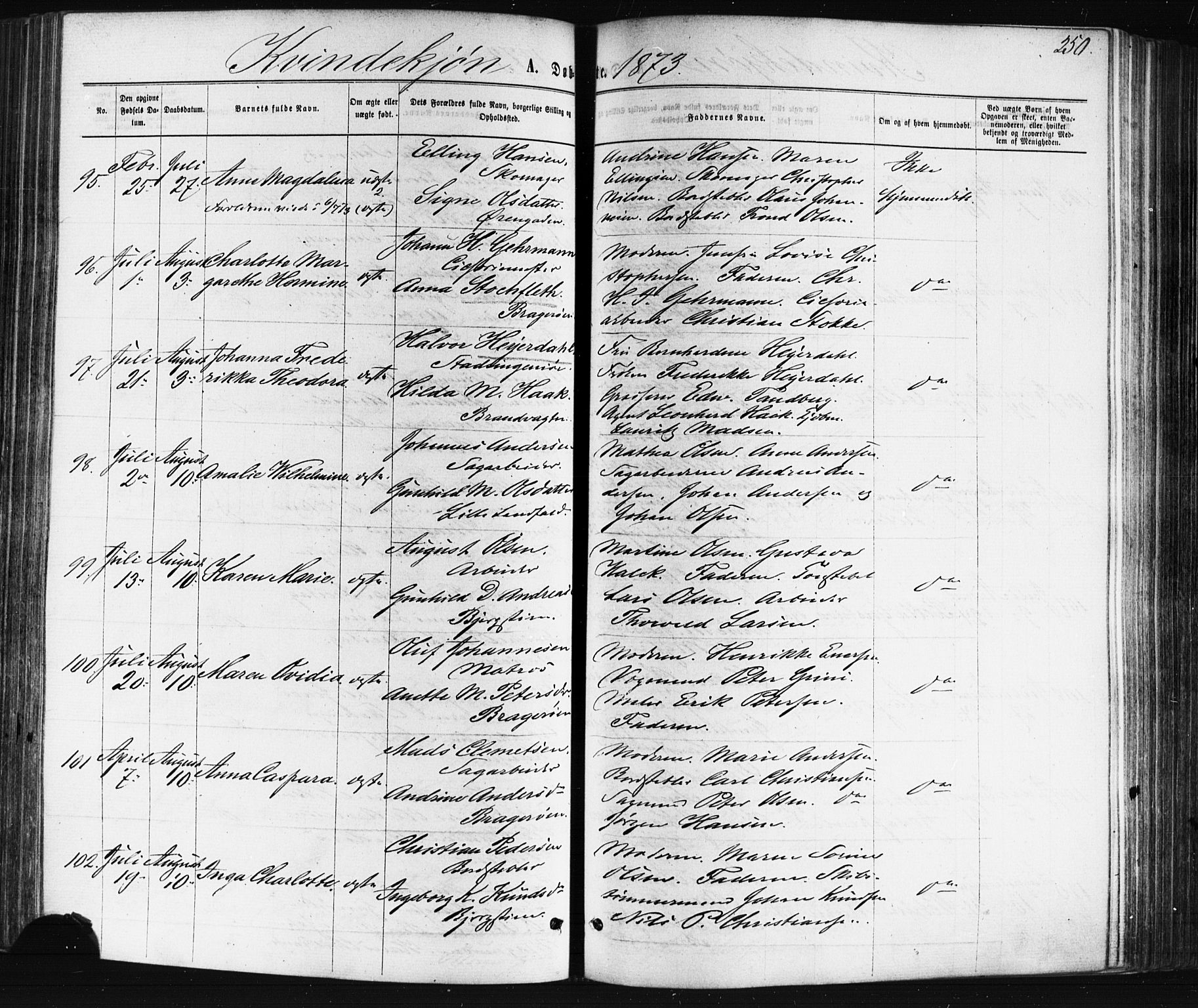 Bragernes kirkebøker, AV/SAKO-A-6/F/Fb/L0004: Parish register (official) no. II 4, 1869-1875, p. 250