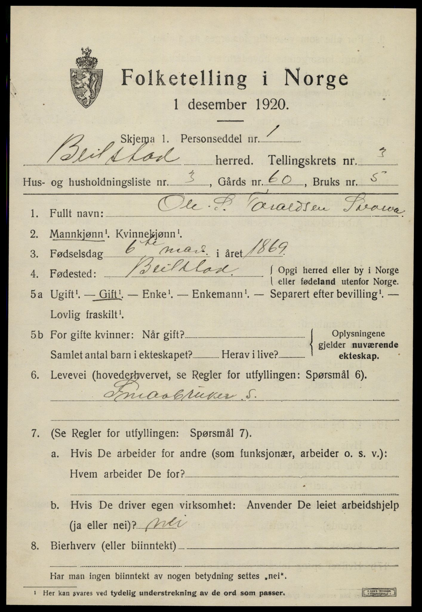 SAT, 1920 census for Beitstad, 1920, p. 2389