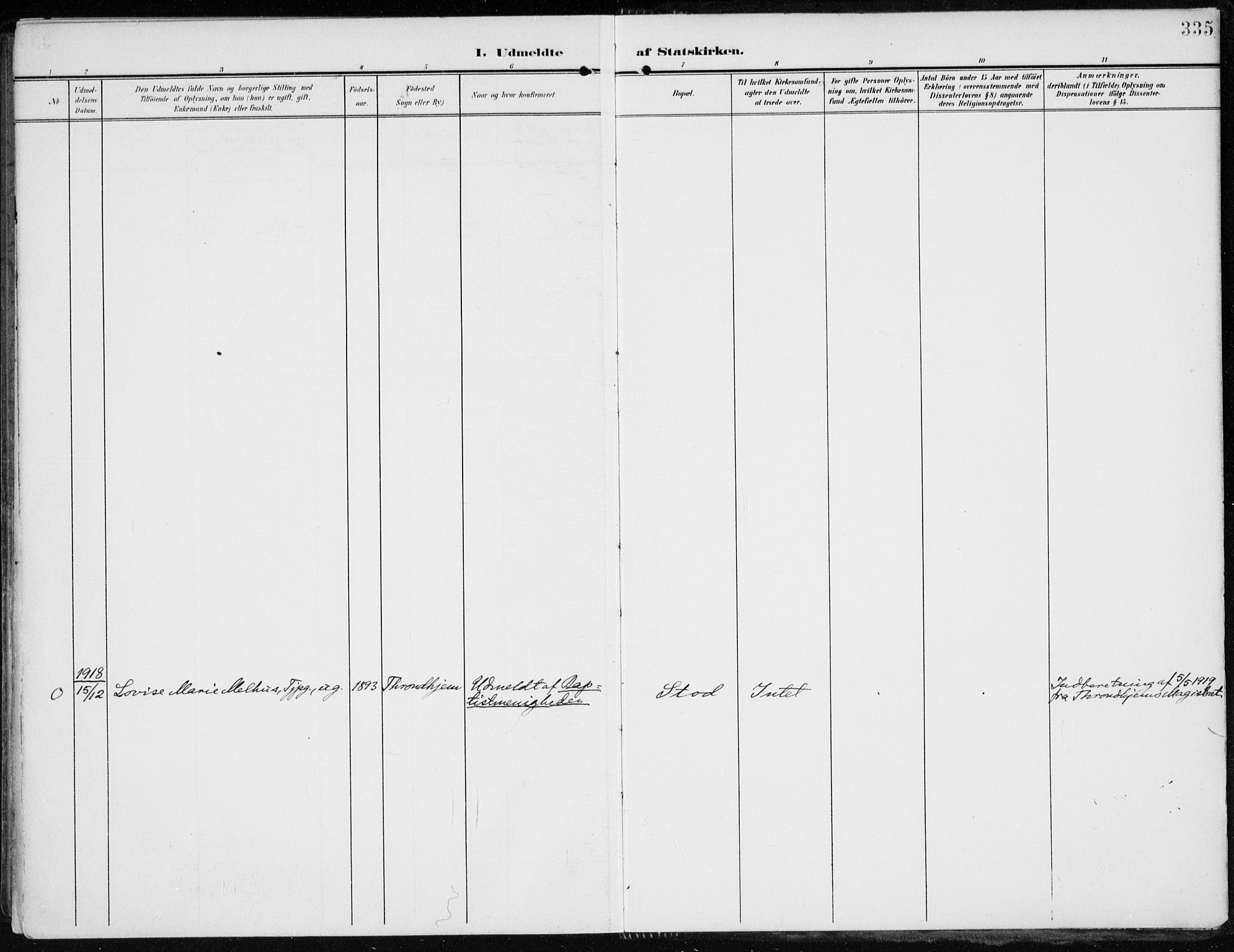 Stange prestekontor, SAH/PREST-002/K/L0024: Parish register (official) no. 24, 1906-1922, p. 335