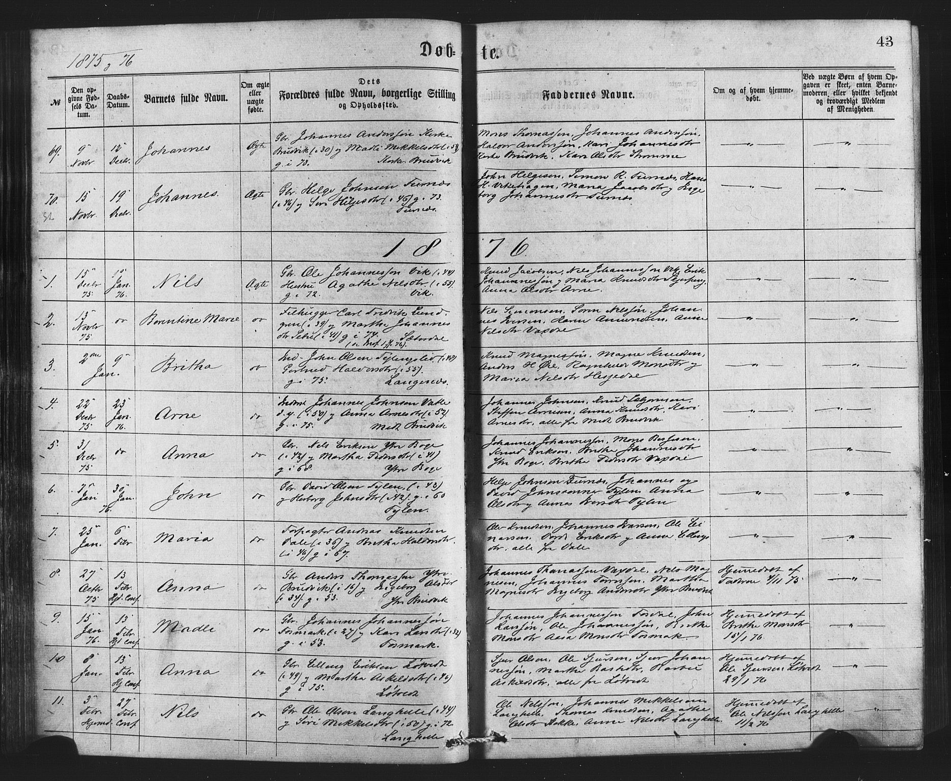 Bruvik Sokneprestembete, SAB/A-74701/H/Haa: Parish register (official) no. A 1, 1869-1877, p. 43