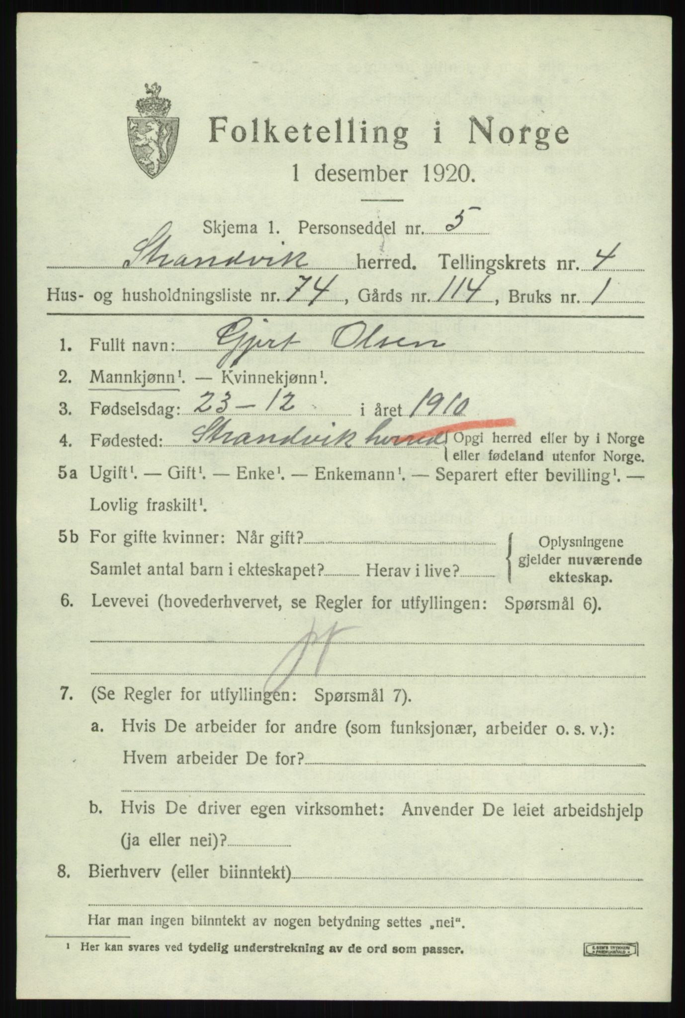 SAB, 1920 census for Strandvik, 1920, p. 3962