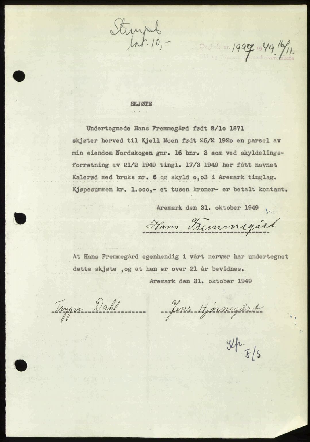 Idd og Marker sorenskriveri, AV/SAO-A-10283/G/Gb/Gbb/L0013: Mortgage book no. A13, 1949-1950, Diary no: : 1997/1949