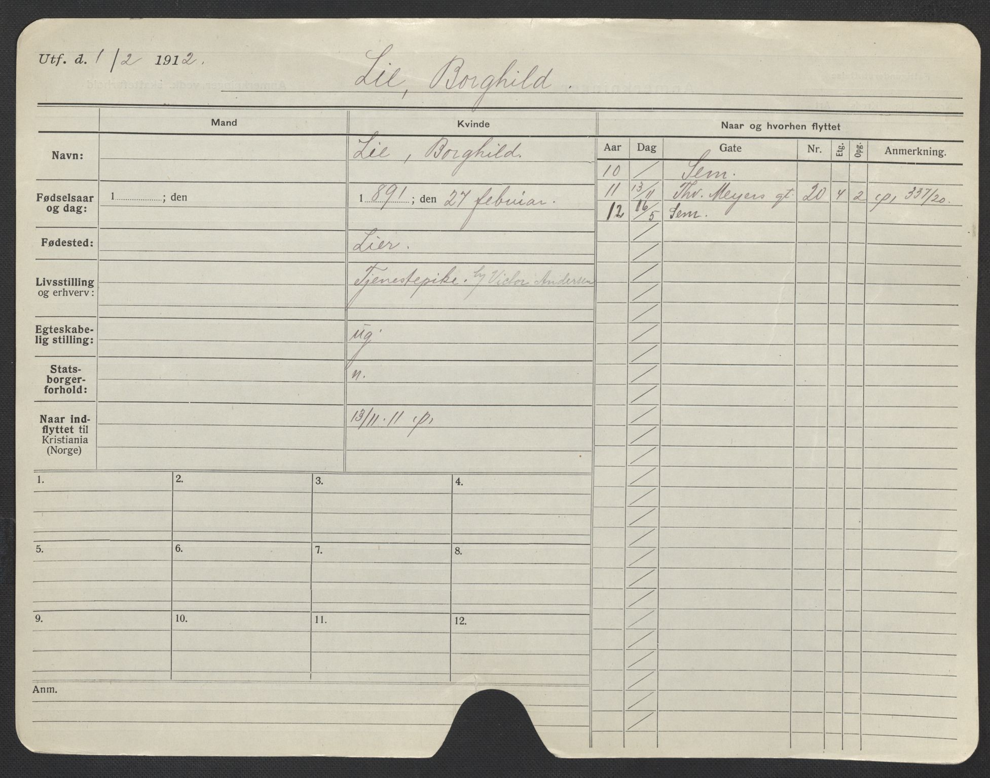 Oslo folkeregister, Registerkort, AV/SAO-A-11715/F/Fa/Fac/L0020: Kvinner, 1906-1914, p. 53a